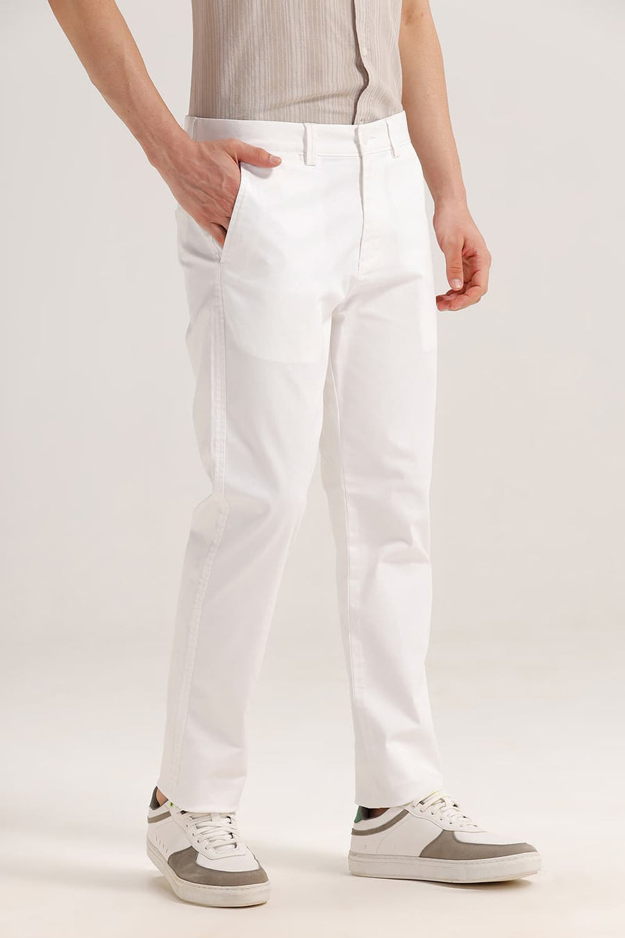 BASICS TAPERED FIT CLOUD WHITE COTTON STRETCH TROUSER