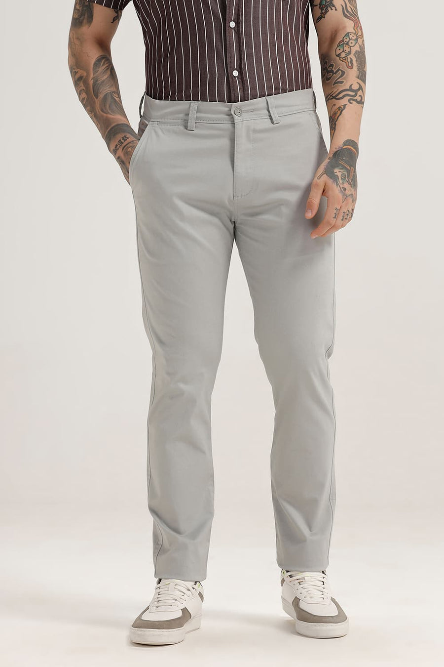 BASICS TAPERED FIT QUARRY BLUE COTTON STRETCH TROUSER