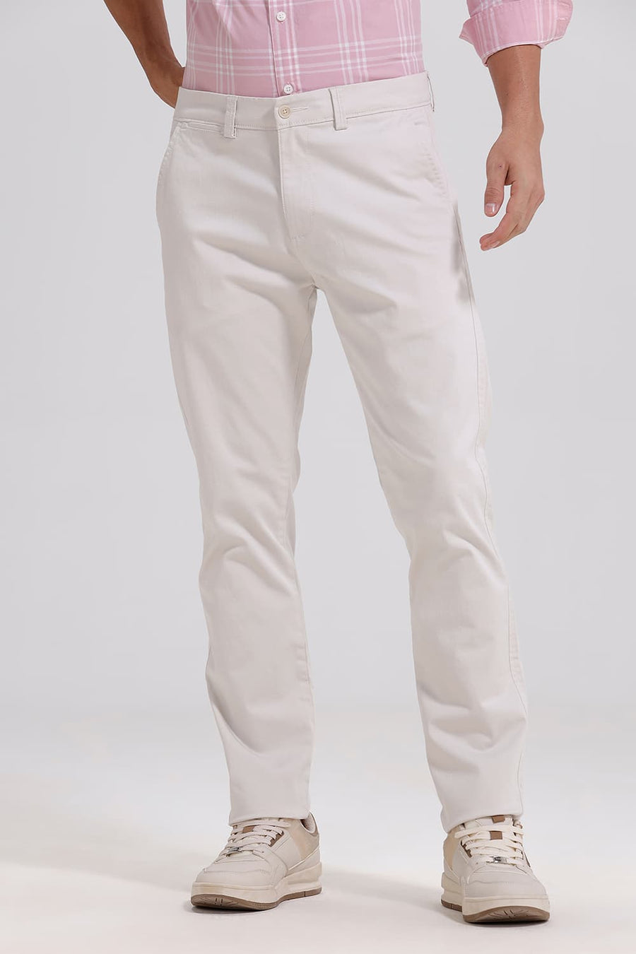 BASICS TAPERED FIT PUMICE STONE ECRU COTTON STRETCH TROUSER