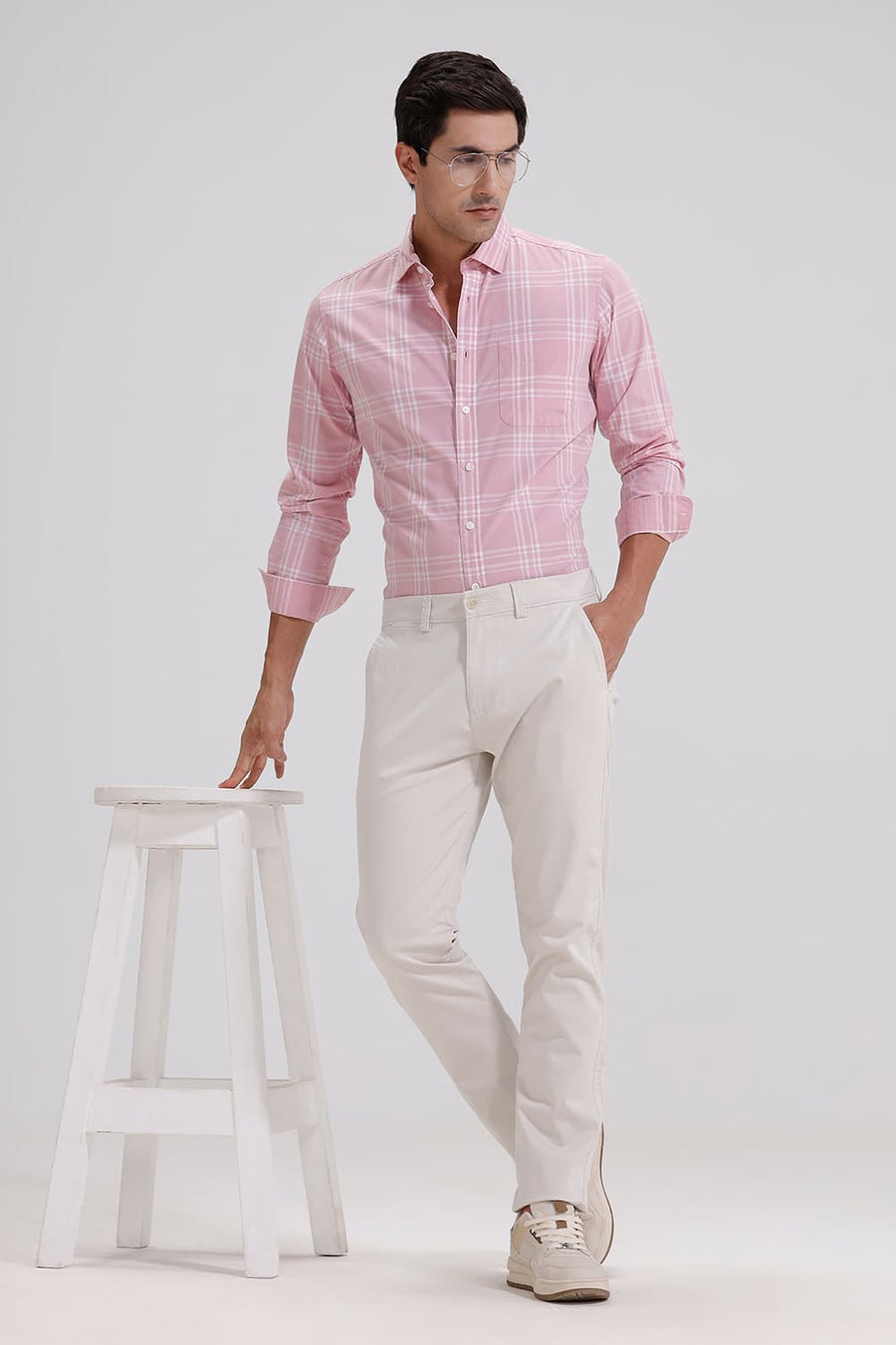 BASICS TAPERED FIT PUMICE STONE ECRU COTTON STRETCH TROUSER