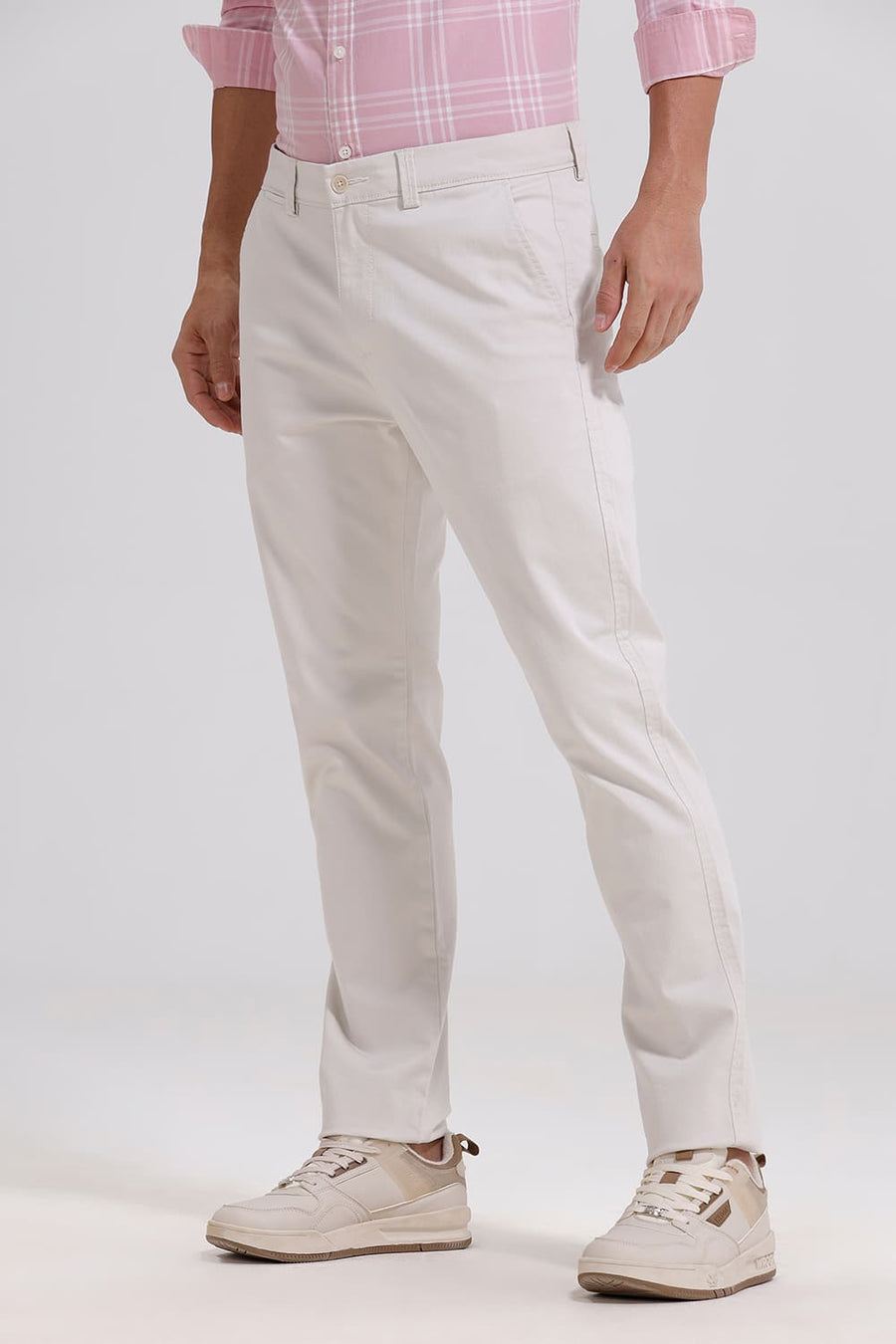 BASICS TAPERED FIT PUMICE STONE ECRU COTTON STRETCH TROUSER