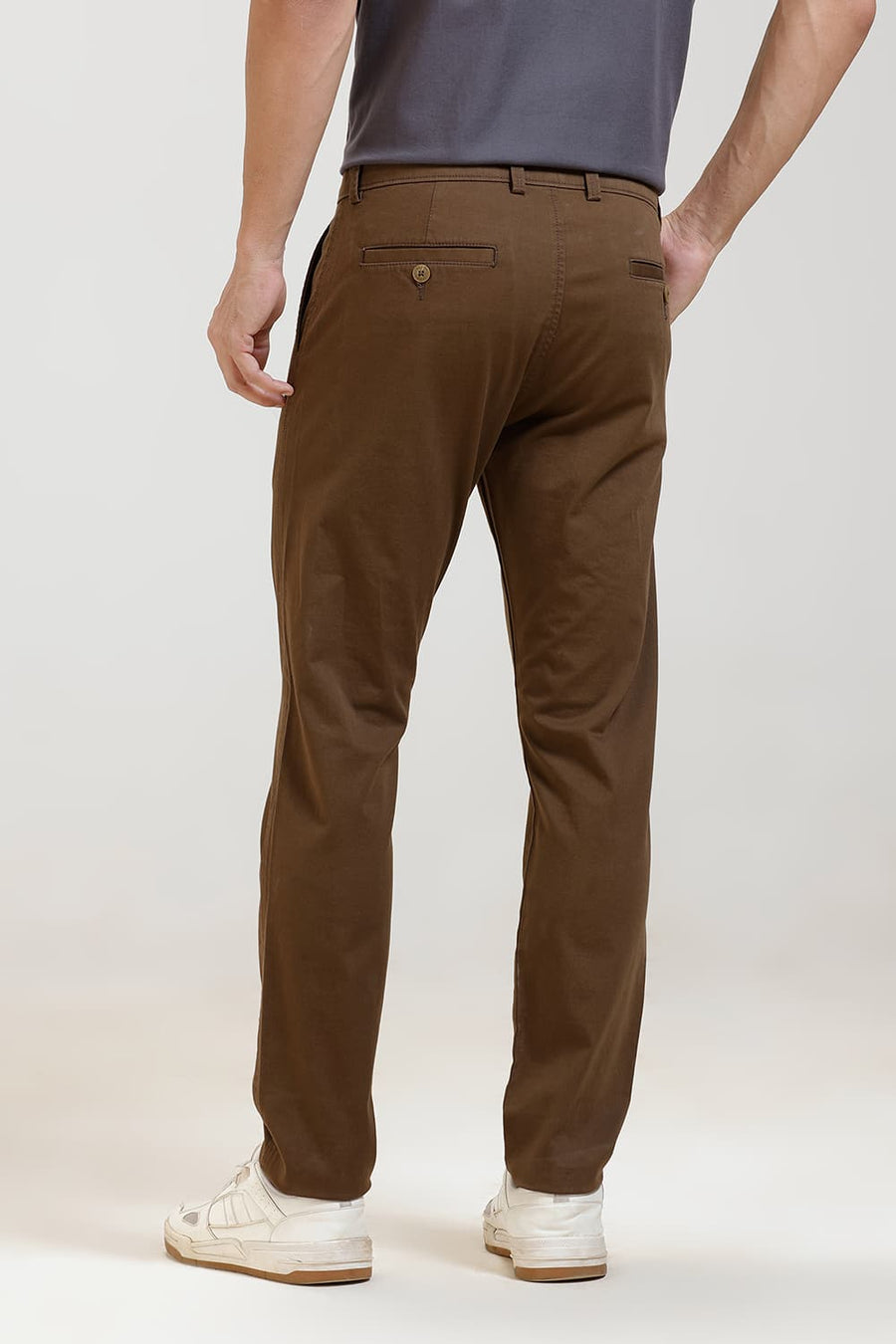 BASICS TAPERED FIT COCOA KHAKI COTTON STRETCH TROUSER