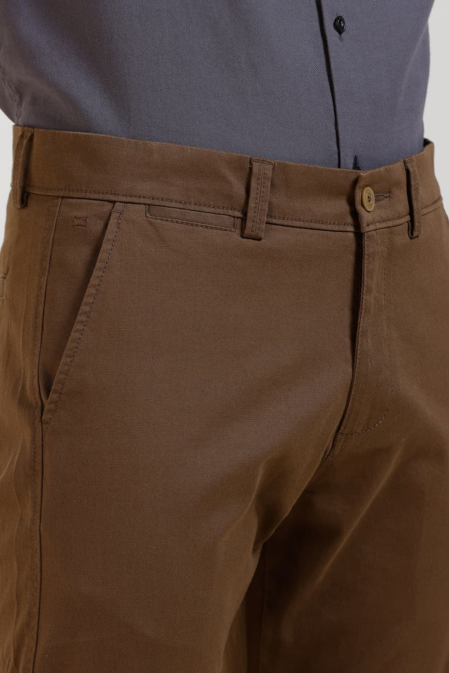 BASICS TAPERED FIT COCOA KHAKI COTTON STRETCH TROUSER