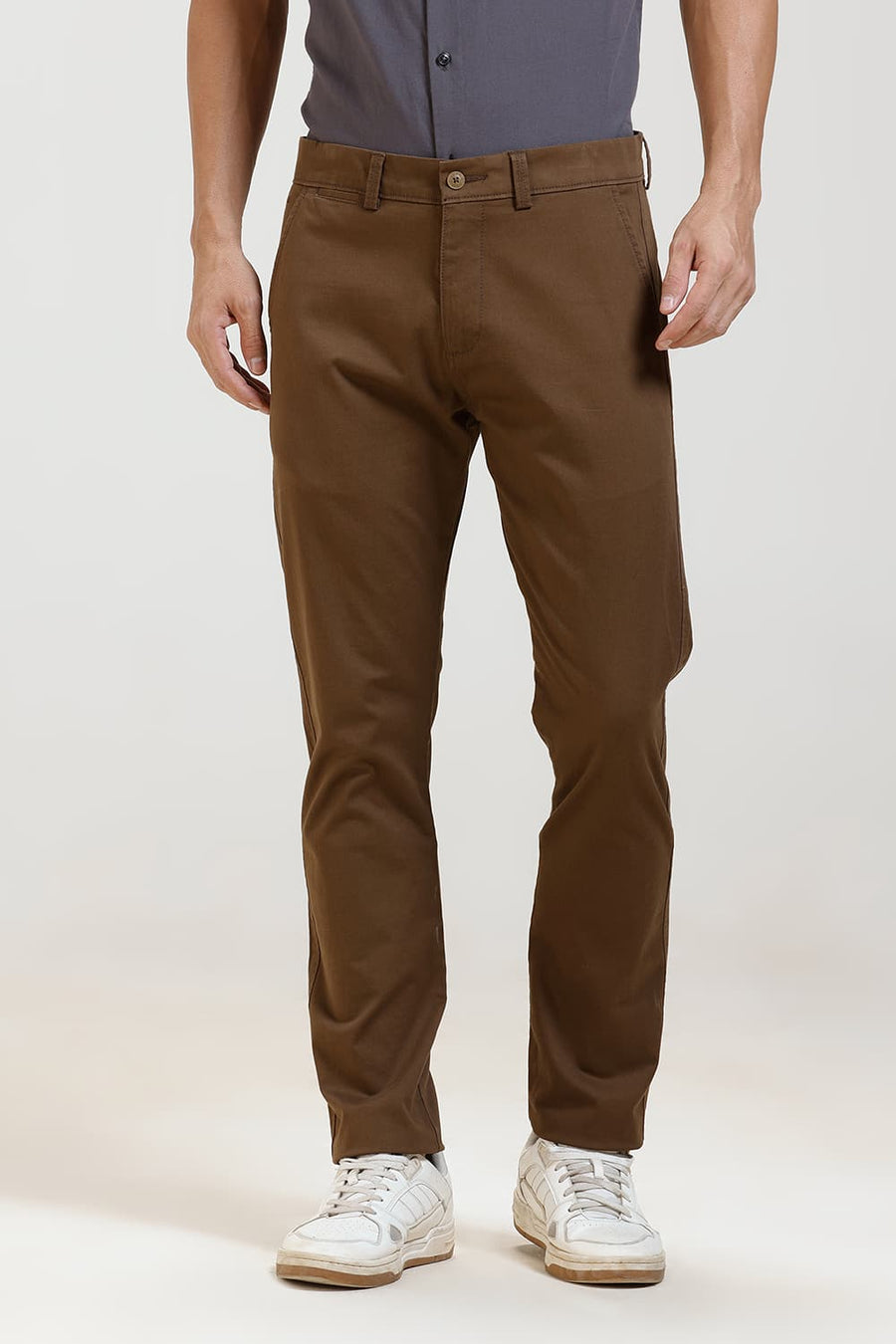 BASICS TAPERED FIT COCOA KHAKI COTTON STRETCH TROUSER