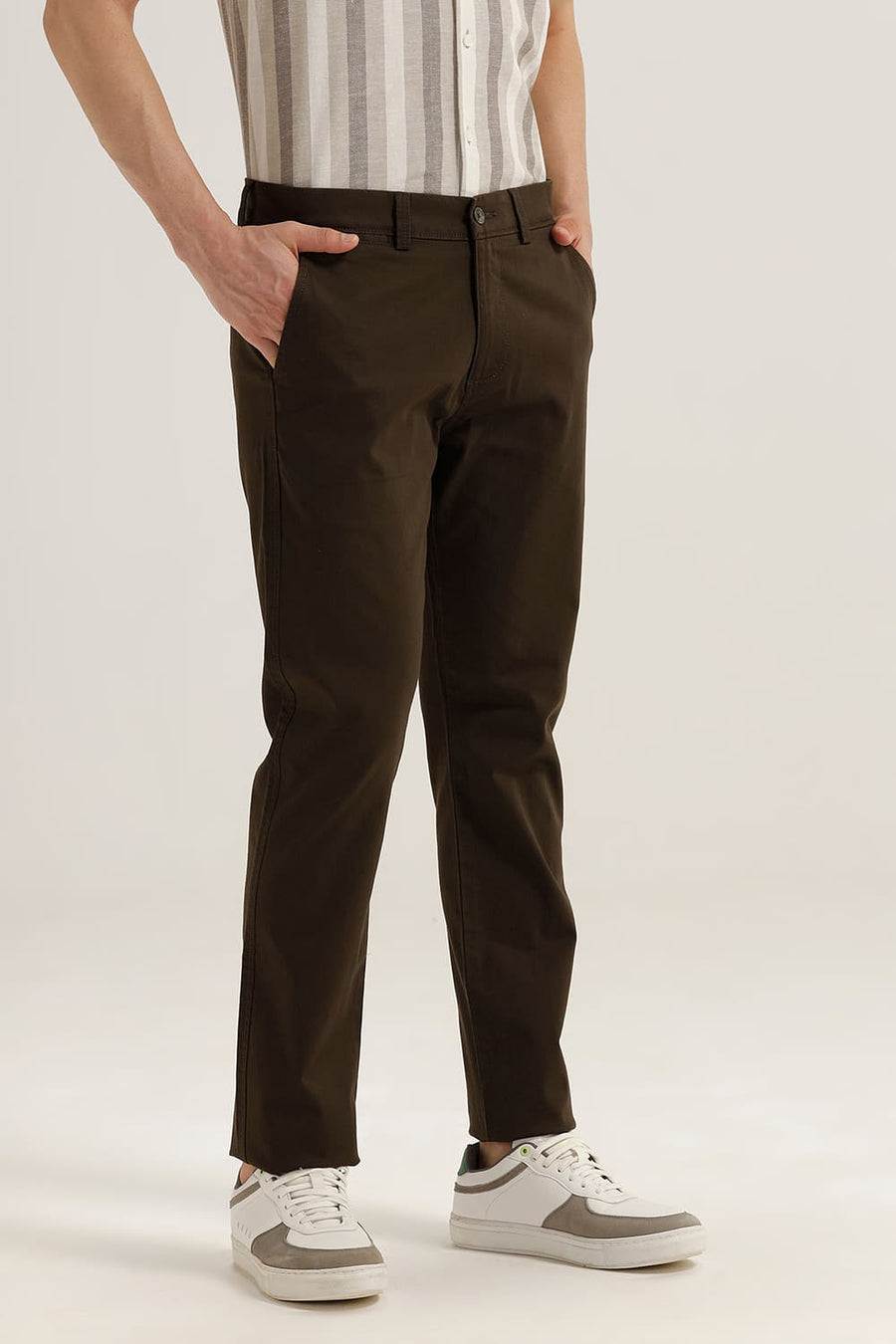 BASICS TAPERED FIT BELUGA OLIVE COTTON STRETCH TROUSER