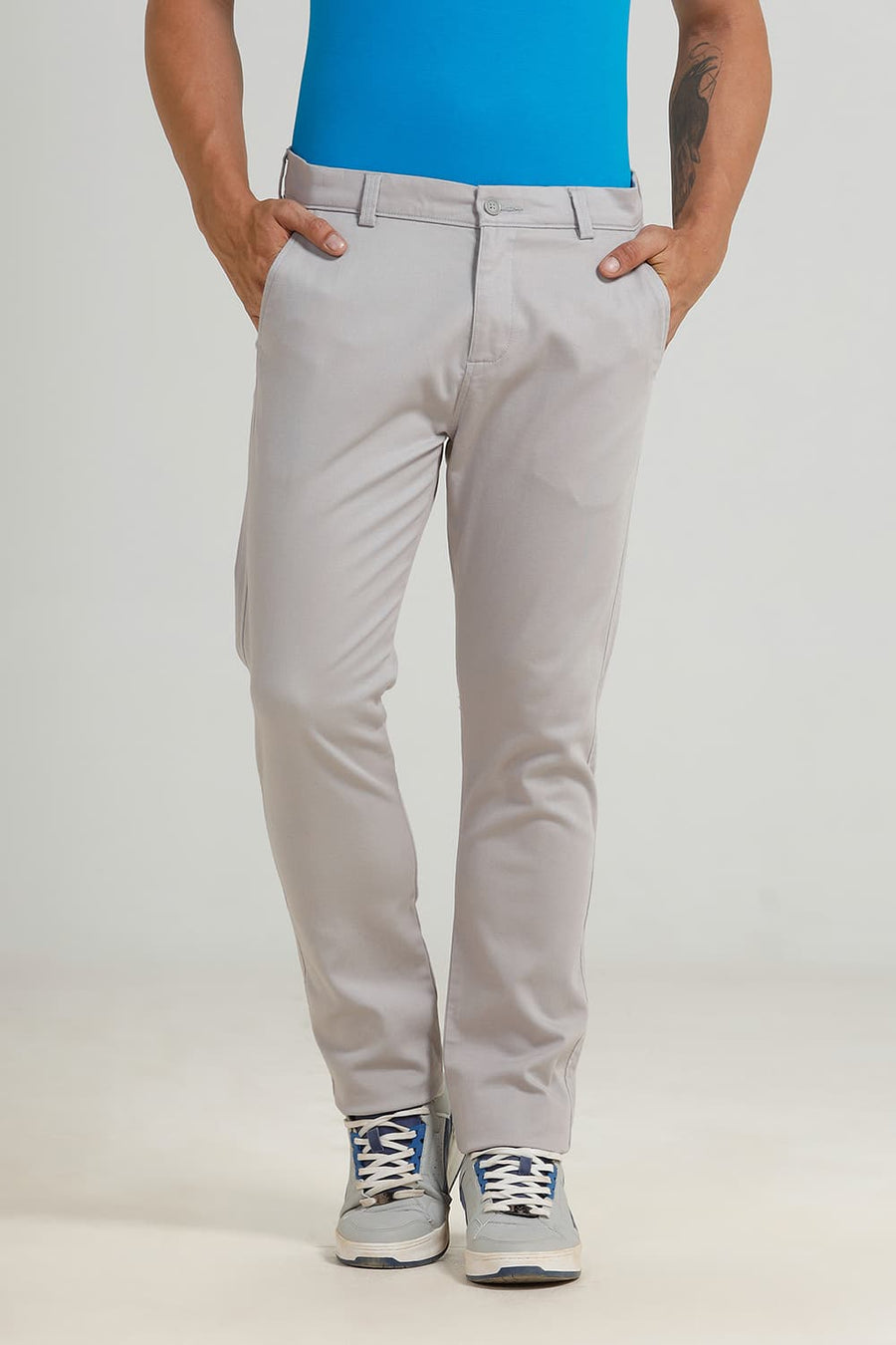 BASICS TAPERED FIT GRAY MORNING BLUE COTTON STRETCH TROUSER