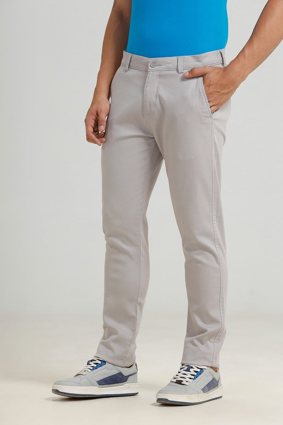 BASICS TAPERED FIT GRAY MORNING BLUE COTTON STRETCH TROUSER