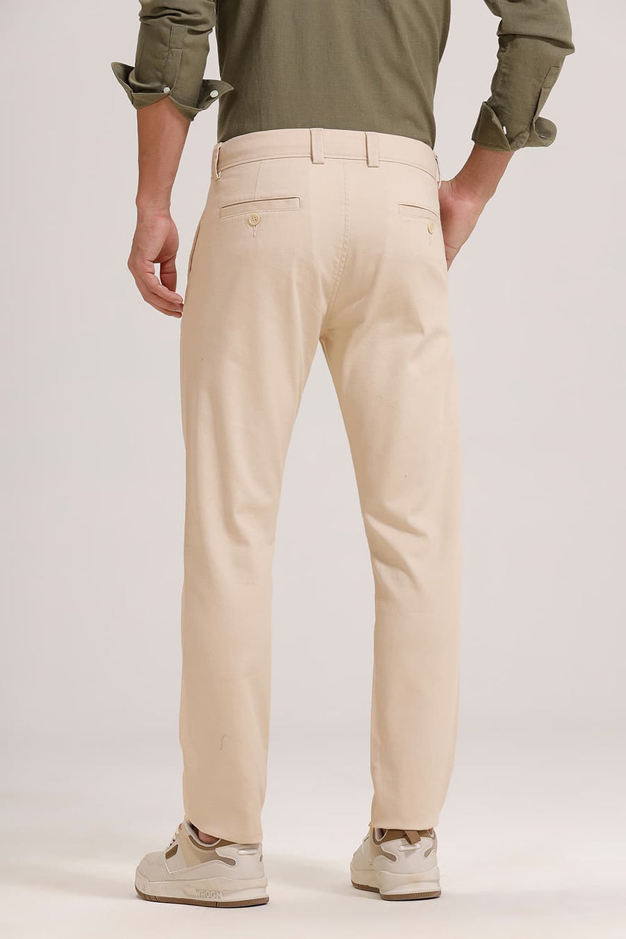 BASICS TAPERED FIT ALMOND BEIGE COTTON STRETCH TROUSER