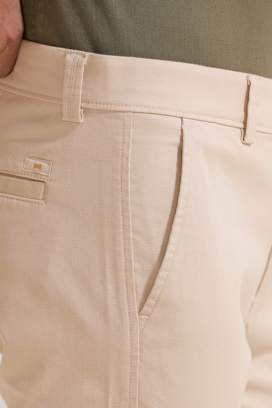BASICS TAPERED FIT ALMOND BEIGE COTTON STRETCH TROUSER