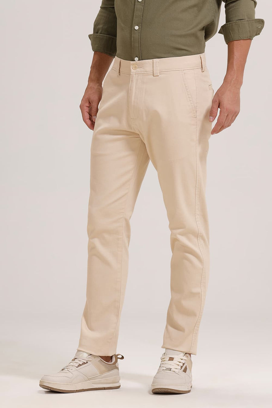 BASICS TAPERED FIT ALMOND BEIGE COTTON STRETCH TROUSER