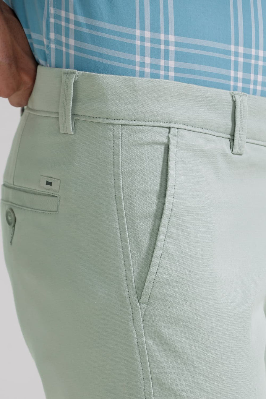 BASICS TAPERED FIT AQUA GREEN COTTON STRETCH TROUSER
