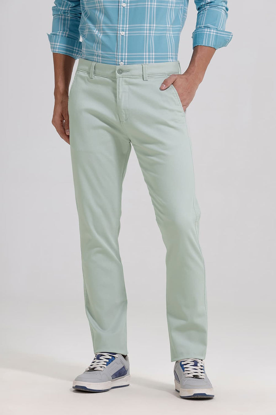 BASICS TAPERED FIT AQUA GREEN COTTON STRETCH TROUSER