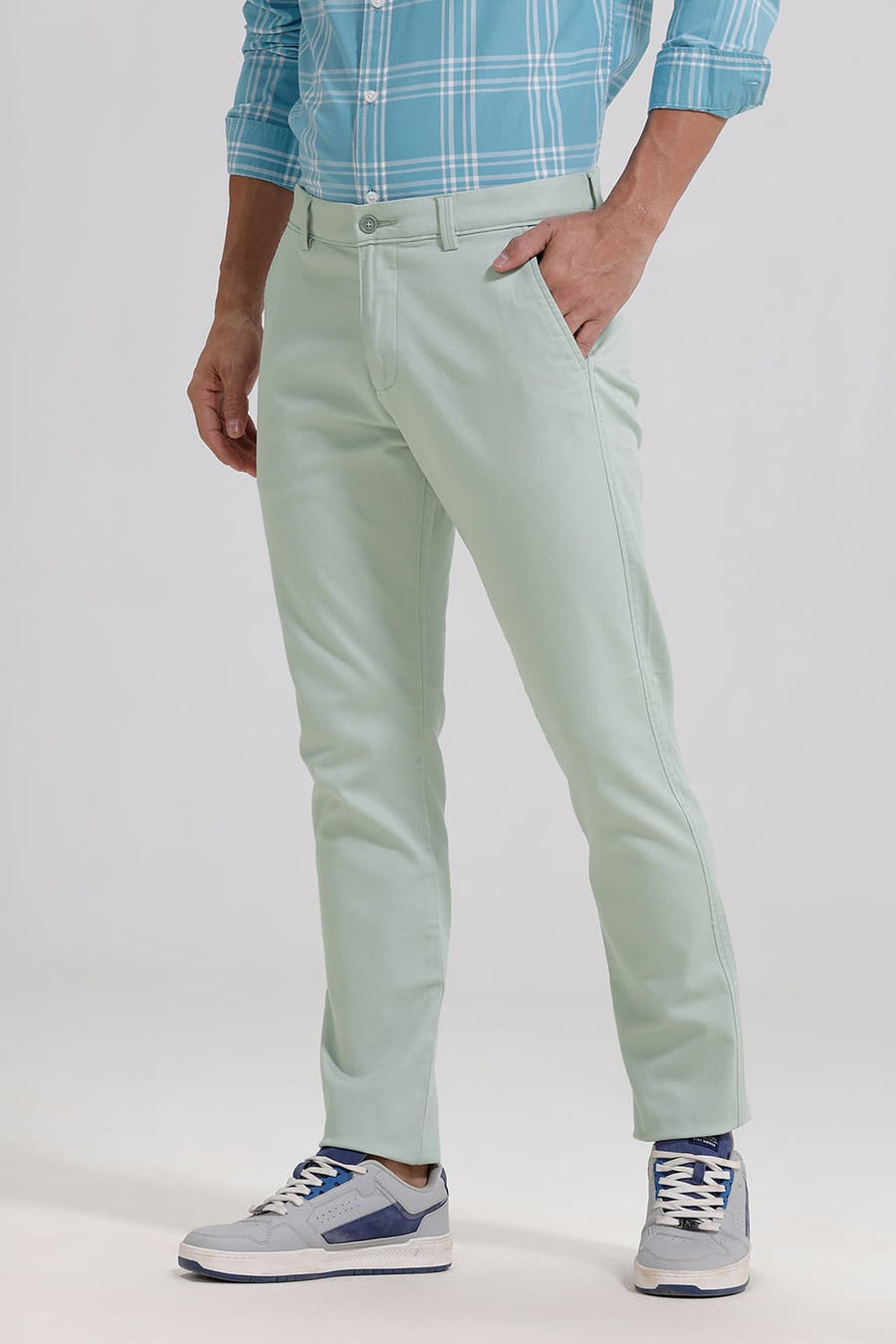 BASICS TAPERED FIT AQUA GREEN COTTON STRETCH TROUSER
