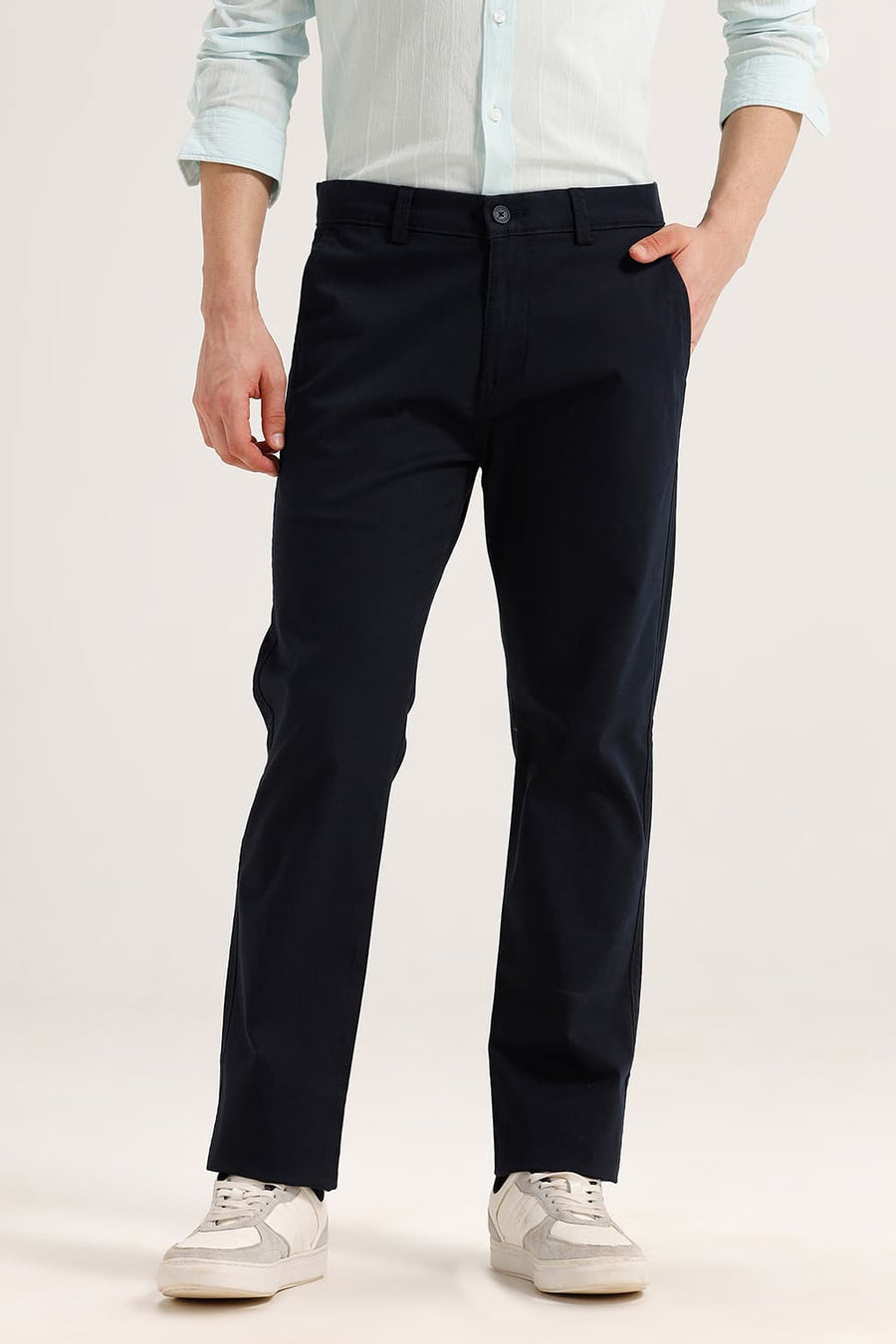 BASICS TAPERED FIT BLUEBERRY NAVY COTTON STRETCH TROUSER