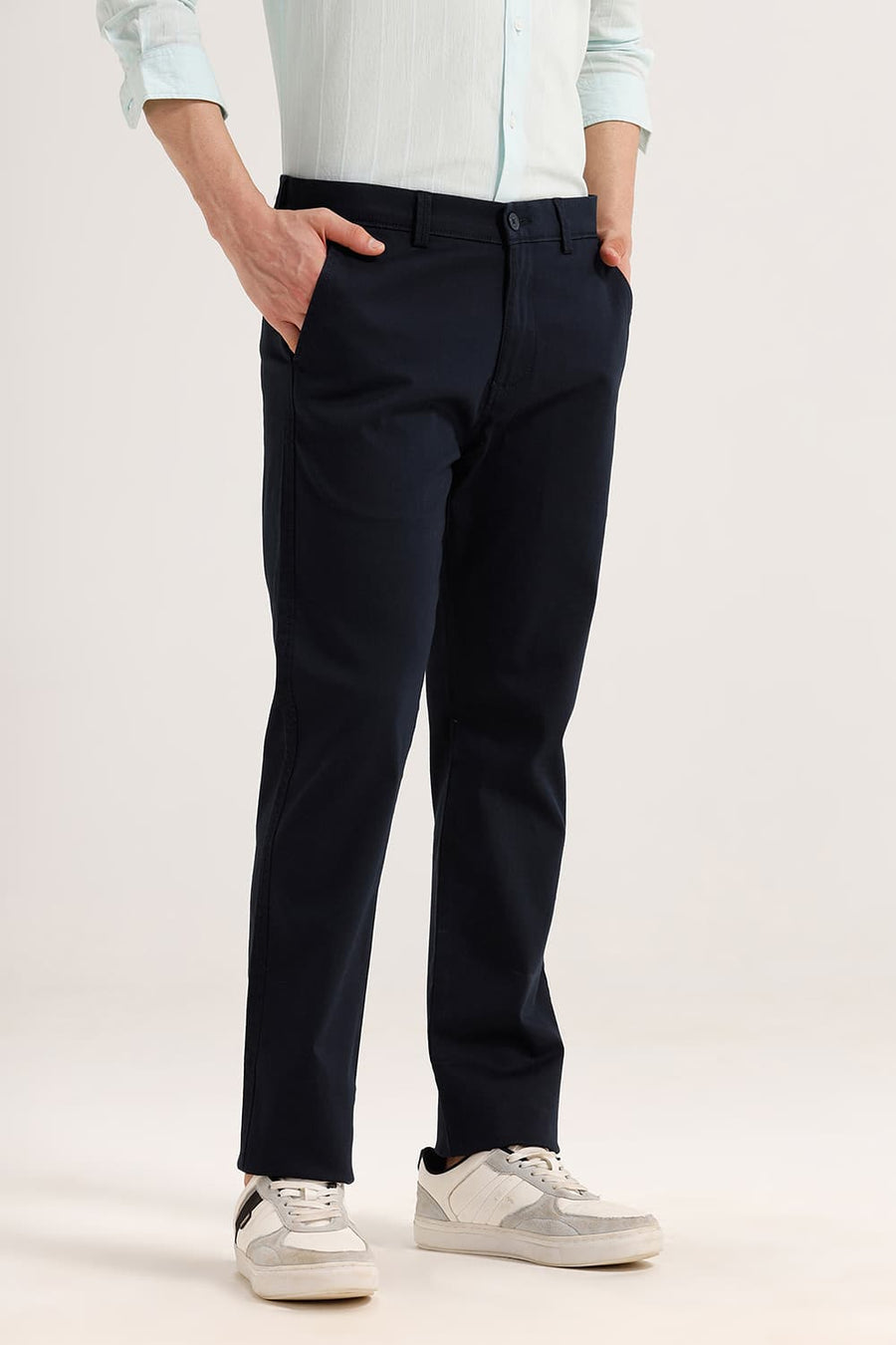 BASICS TAPERED FIT BLUEBERRY NAVY COTTON STRETCH TROUSER