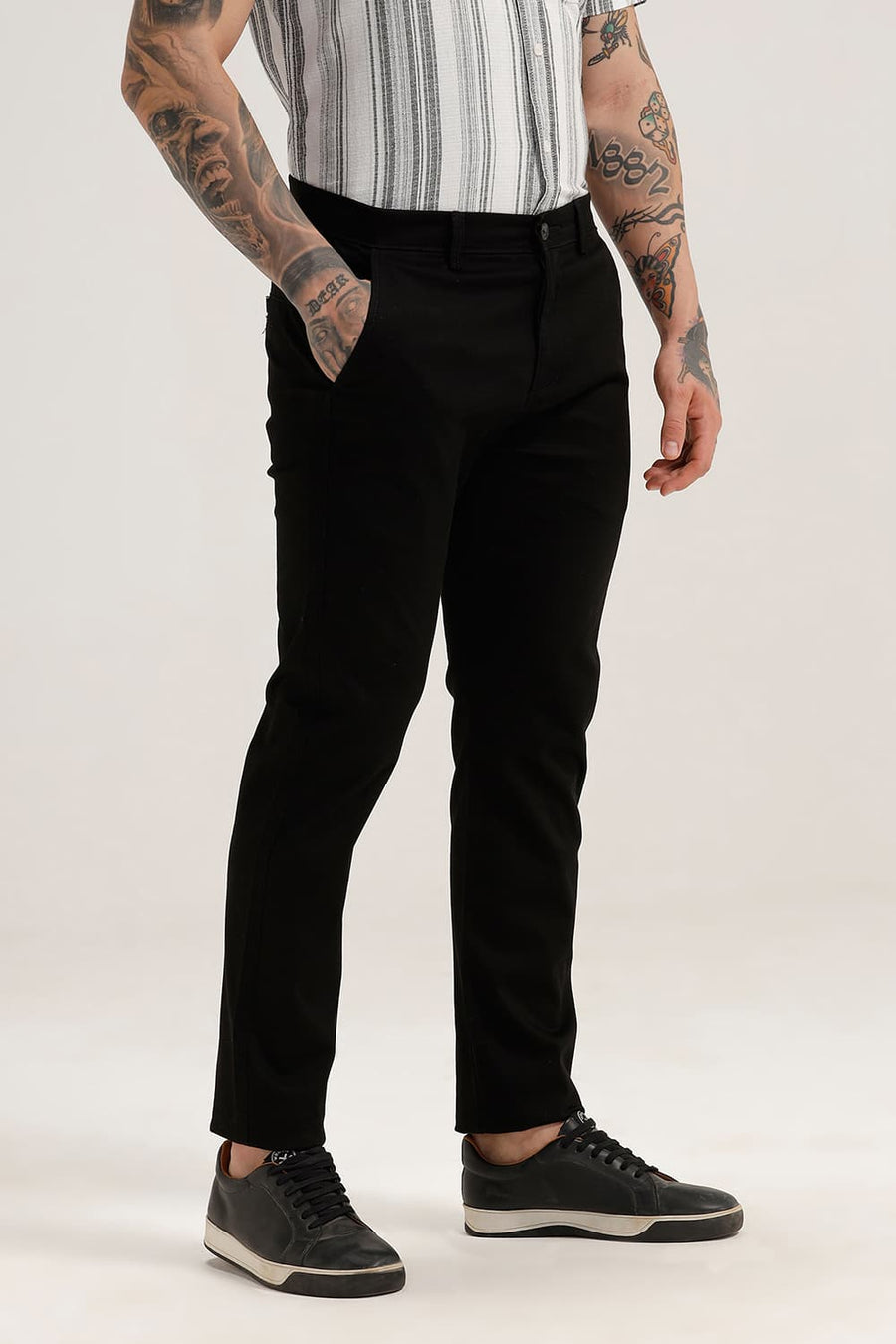 BASICS TAPERED FIT PIRATE BLACK COTTON STRETCH TROUSER