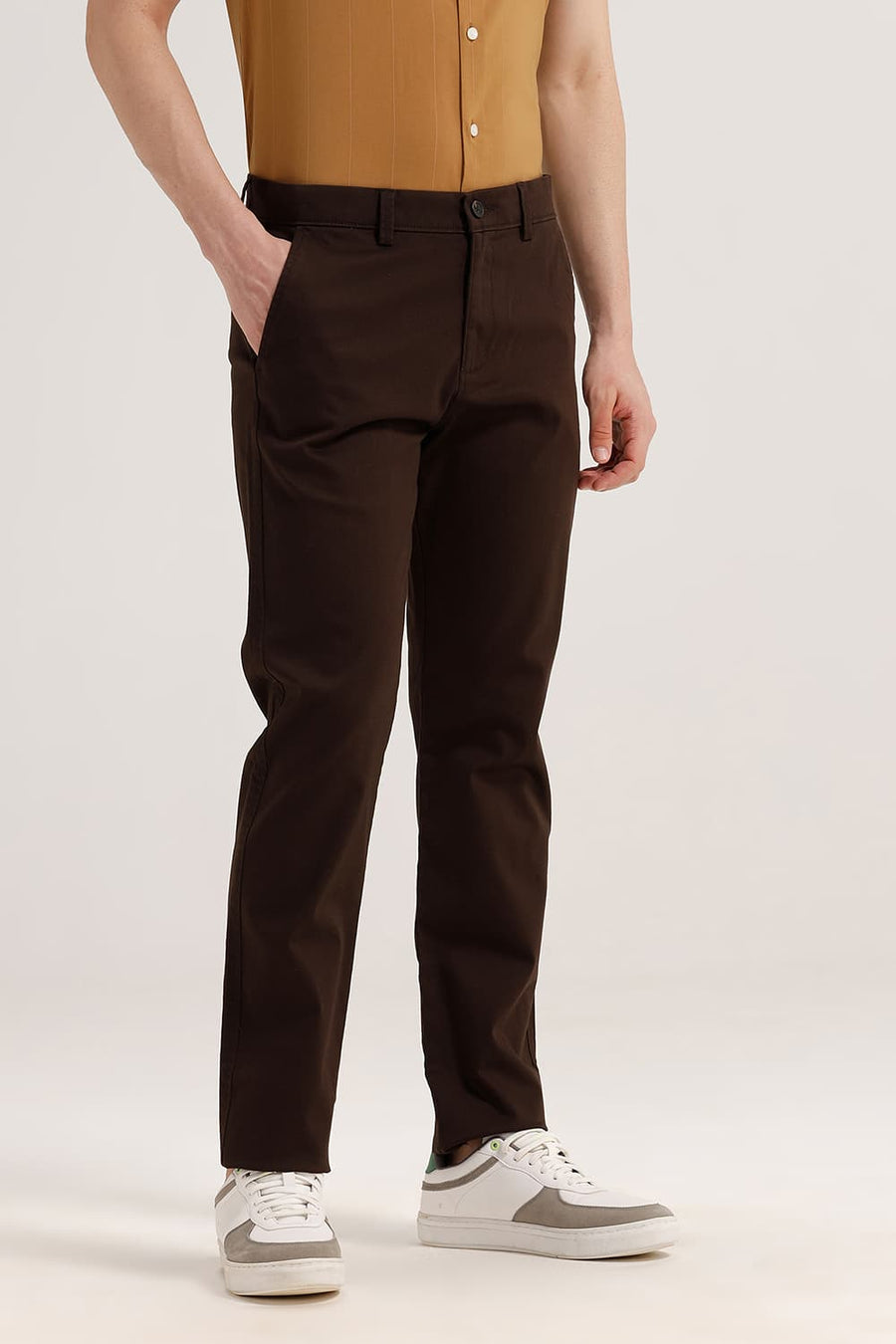 BASICS TAPERED FIT WREN BROWN COTTON STRETCH TROUSER