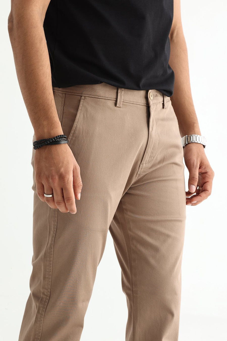 BASICS TAPERED FIT SEPIA KHAKI COTTON STRETCH STRUCTURE TROUSER