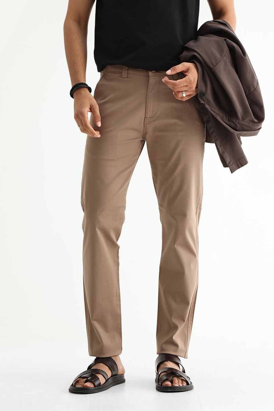 BASICS TAPERED FIT SEPIA KHAKI COTTON STRETCH STRUCTURE TROUSER