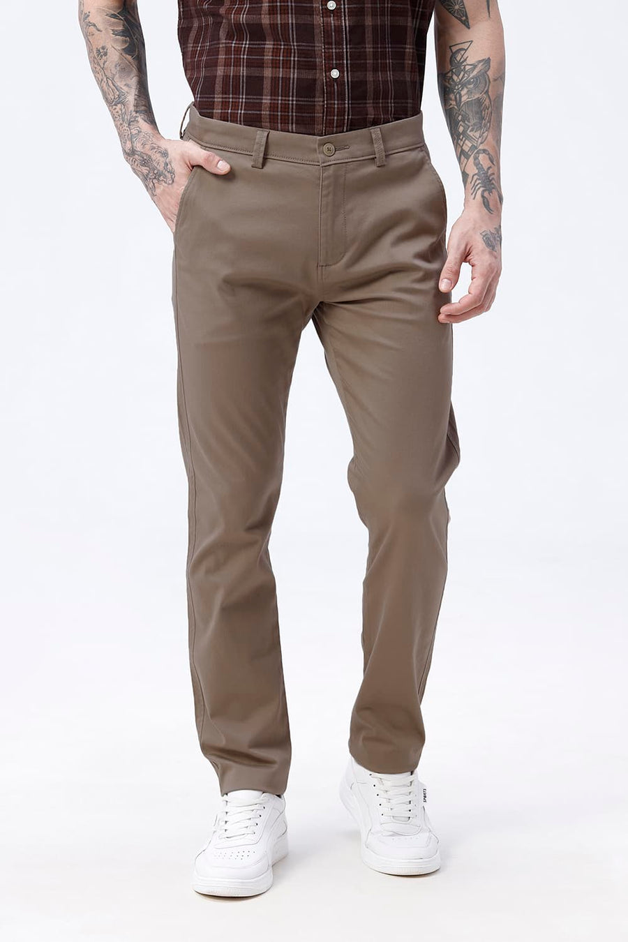 BASICS TAPERED FIT SEPIA KHAKI COTTON STRETCH STRUCTURE TROUSER