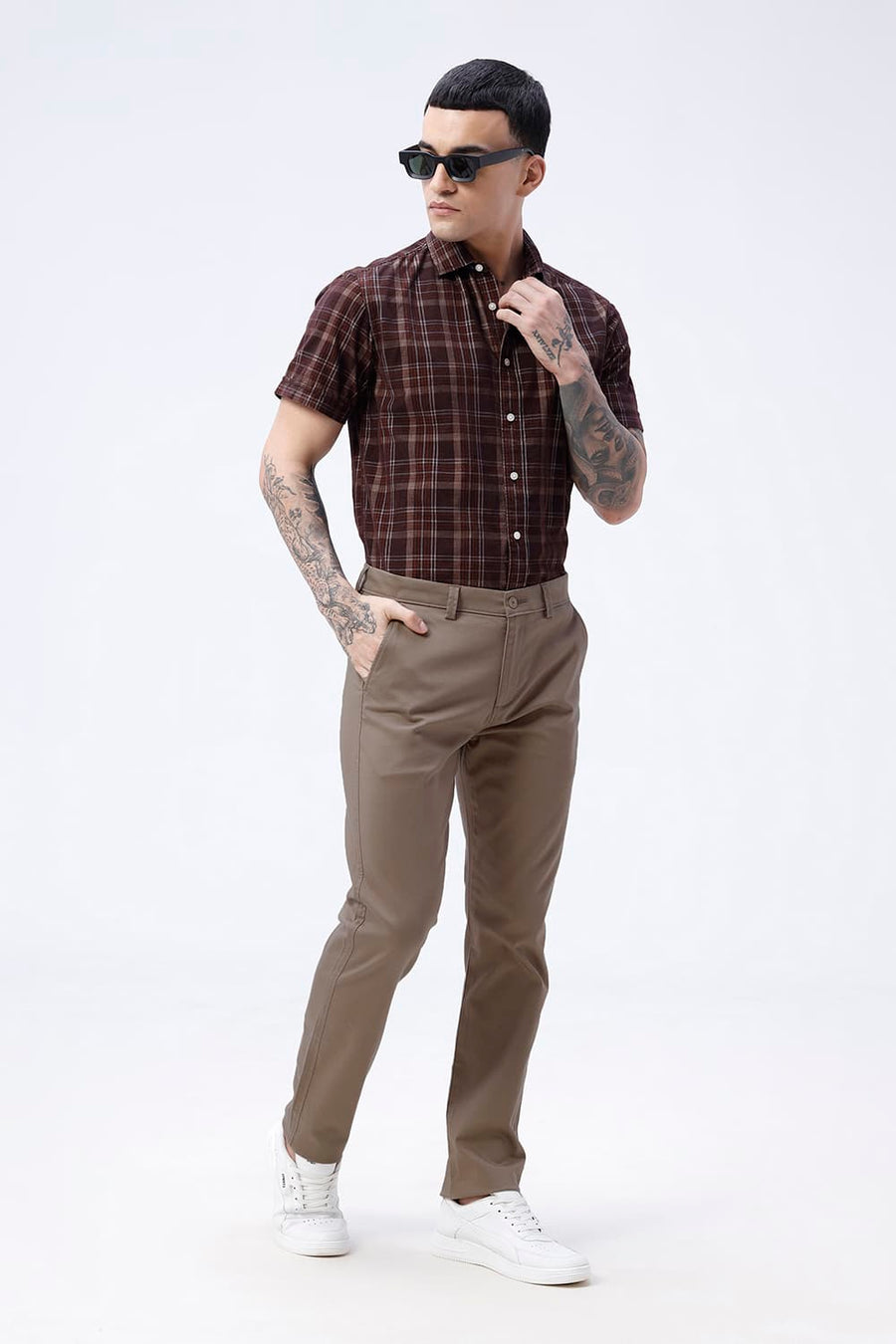 BASICS TAPERED FIT SEPIA KHAKI COTTON STRETCH STRUCTURE TROUSER