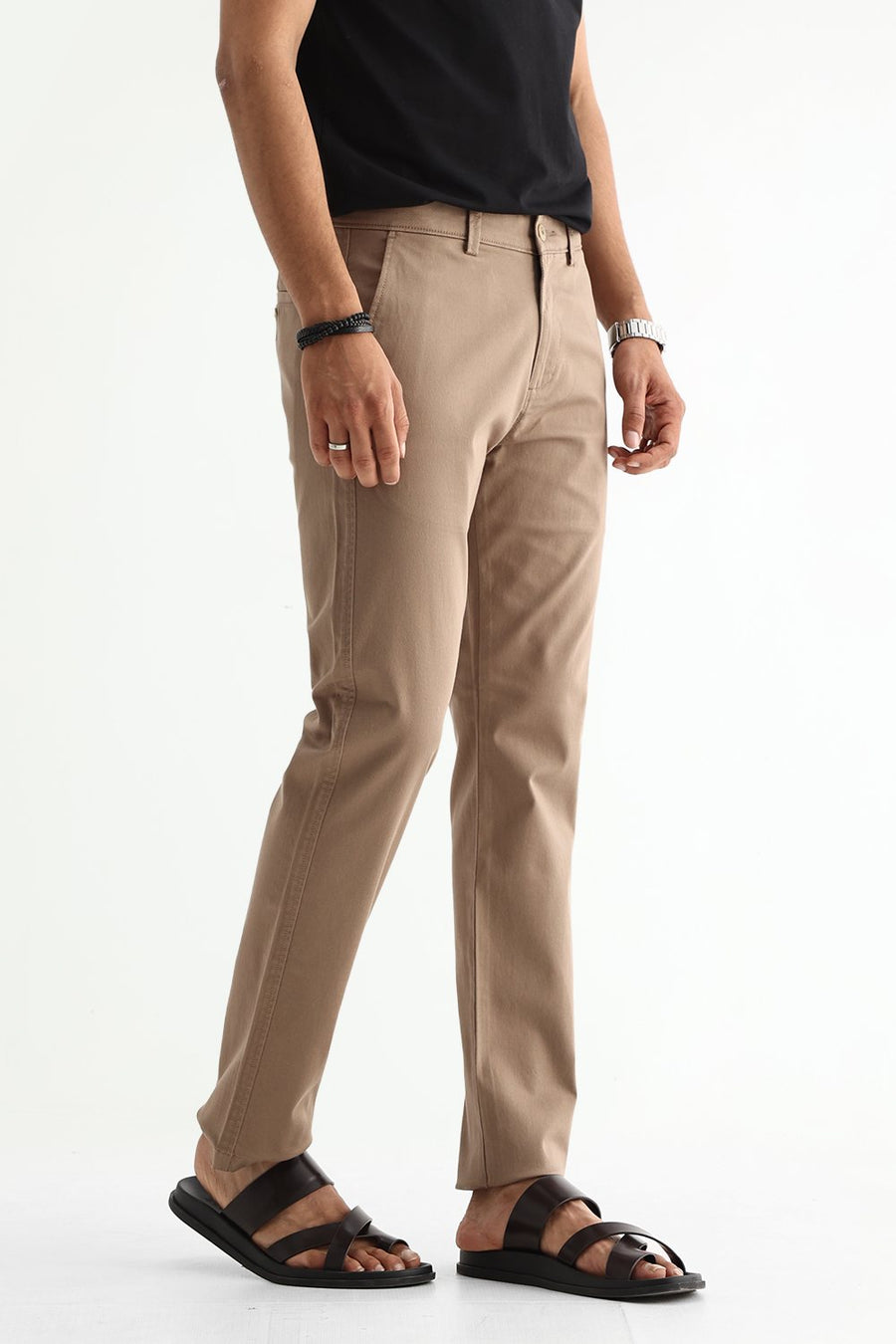 BASICS TAPERED FIT SEPIA KHAKI COTTON STRETCH STRUCTURE TROUSER