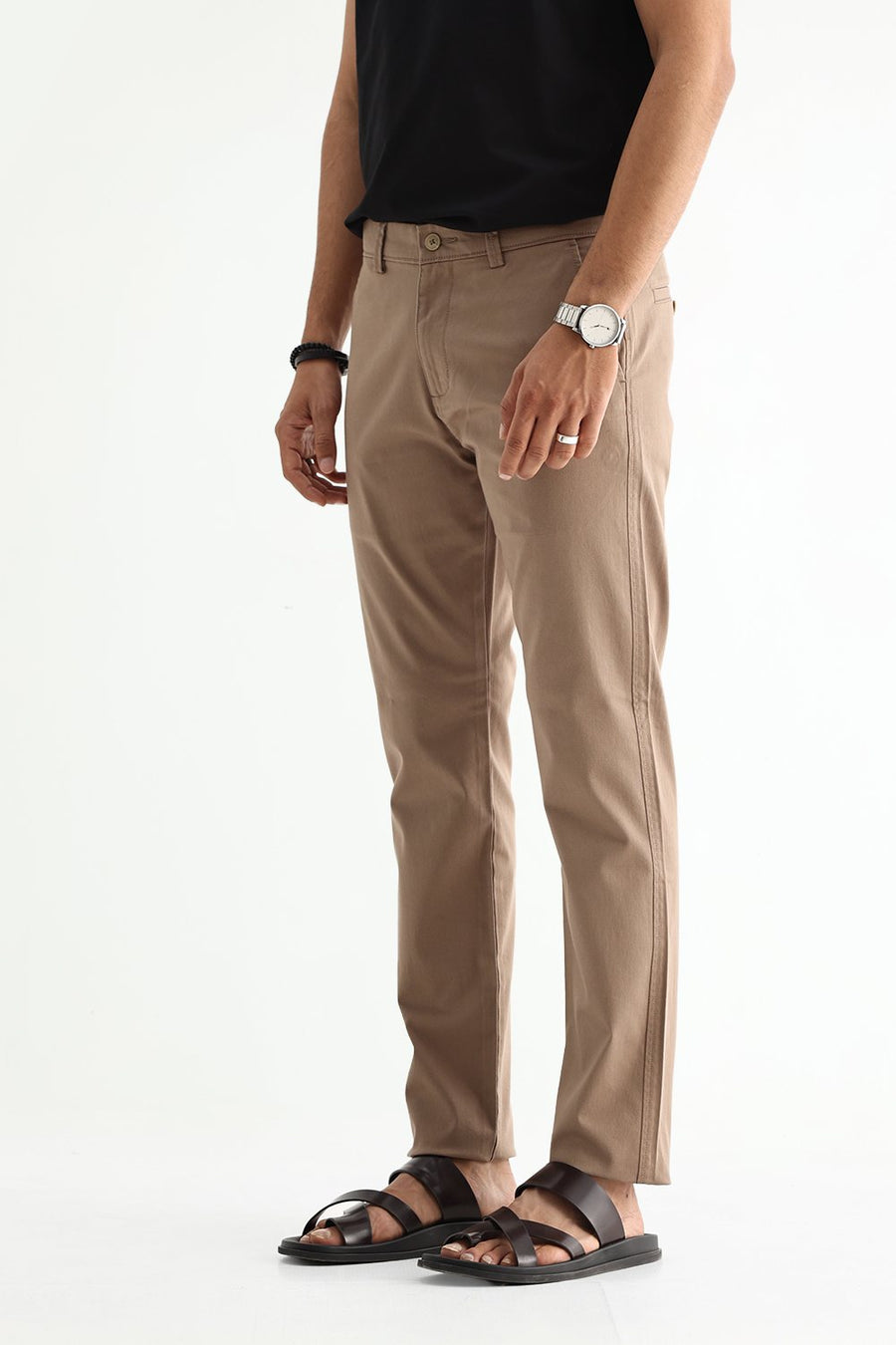BASICS TAPERED FIT SEPIA KHAKI COTTON STRETCH STRUCTURE TROUSER