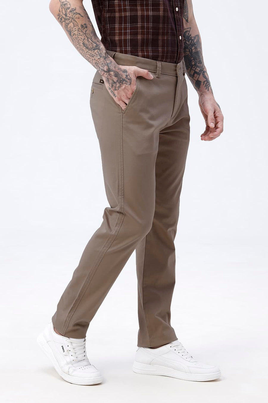 BASICS TAPERED FIT SEPIA KHAKI COTTON STRETCH STRUCTURE TROUSER