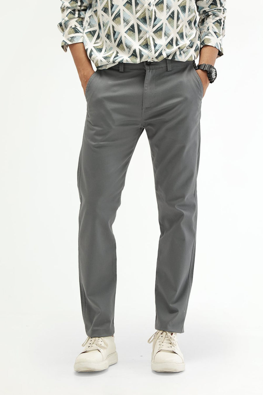 BASICS TAPERED FIT GOBLIN GREY COTTON STRETCH STRUCTURE TROUSER