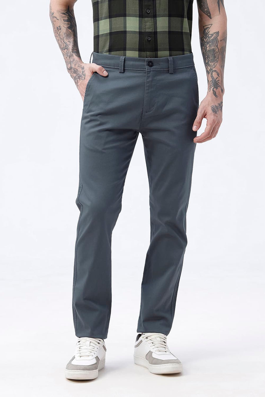 BASICS TAPERED FIT GOBLIN GREY COTTON STRETCH STRUCTURE TROUSER