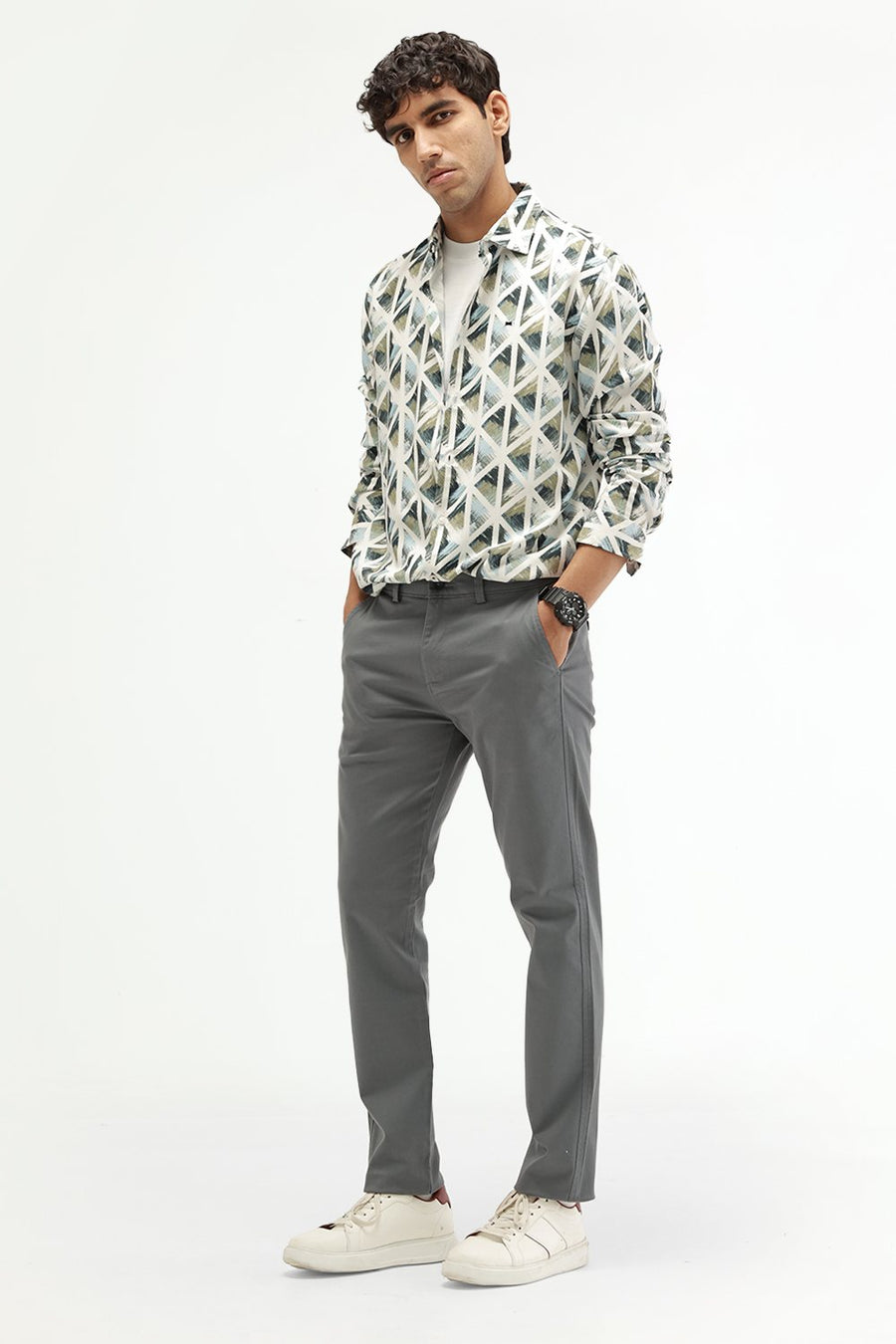 BASICS TAPERED FIT GOBLIN GREY COTTON STRETCH STRUCTURE TROUSER