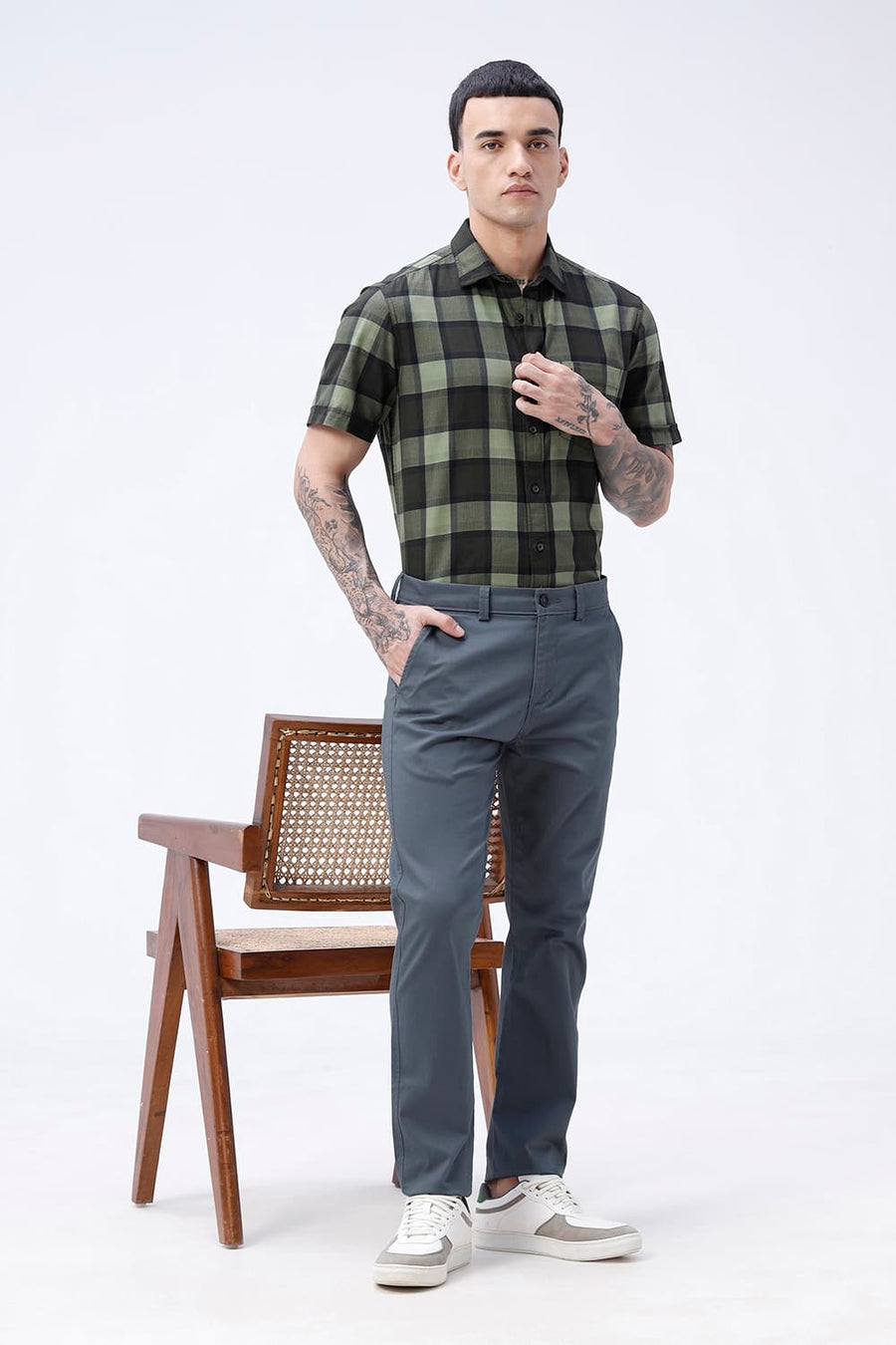 BASICS TAPERED FIT GOBLIN GREY COTTON STRETCH STRUCTURE TROUSER