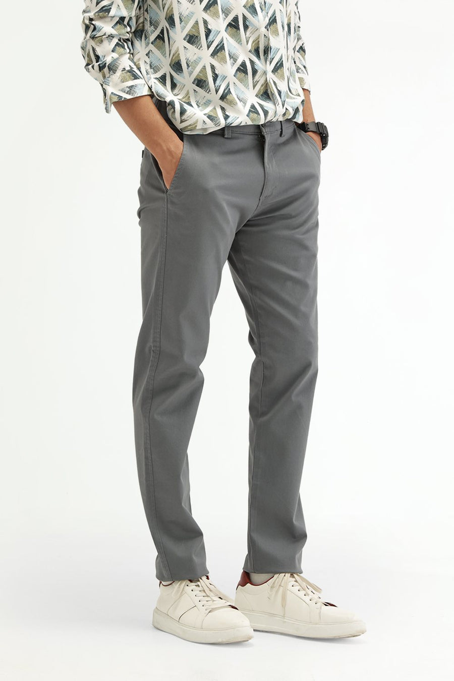 BASICS TAPERED FIT GOBLIN GREY COTTON STRETCH STRUCTURE TROUSER