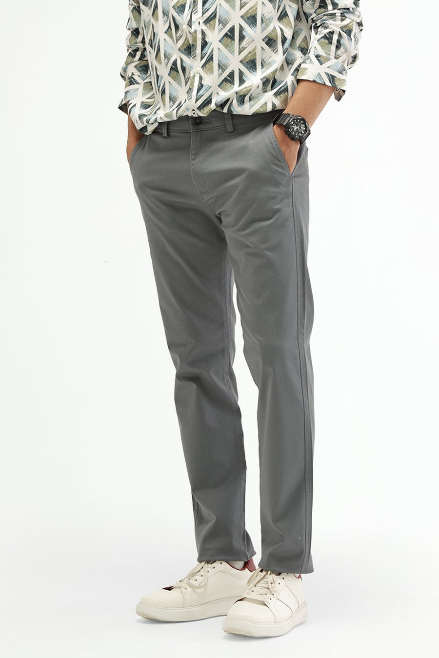 BASICS TAPERED FIT GOBLIN GREY COTTON STRETCH STRUCTURE TROUSER