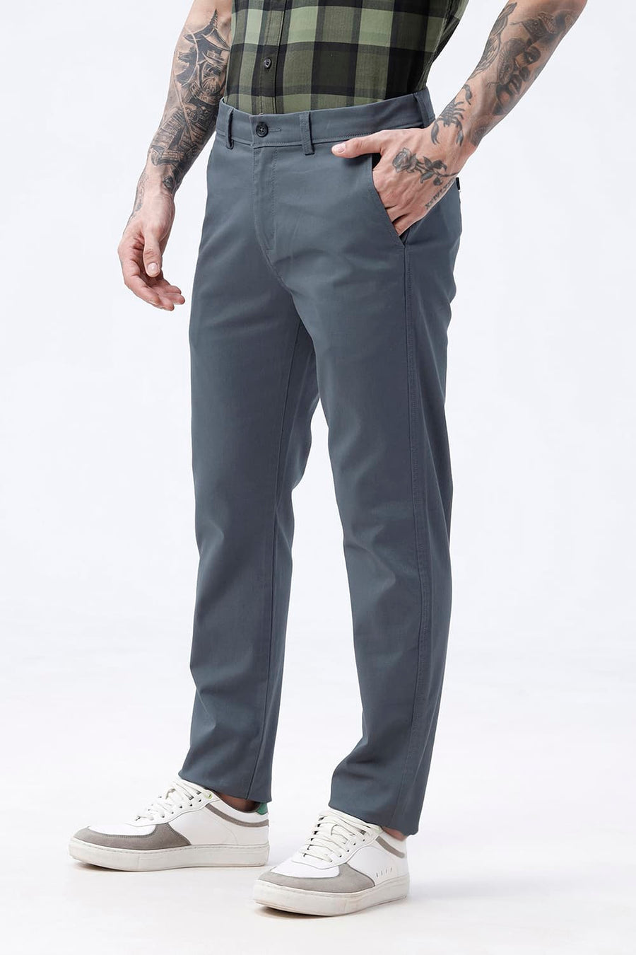 BASICS TAPERED FIT GOBLIN GREY COTTON STRETCH STRUCTURE TROUSER