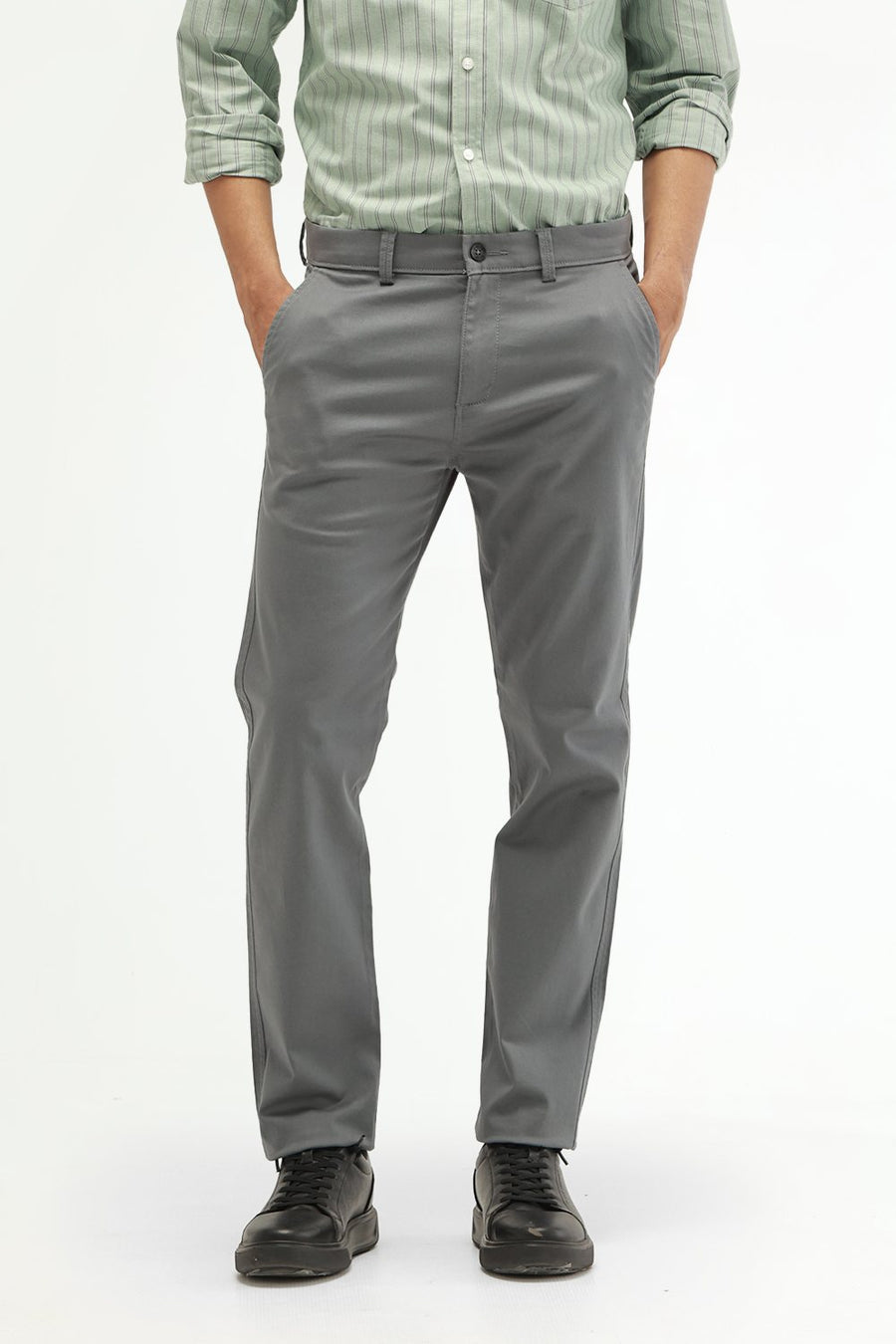 BASICS TAPERED FIT SEAGRASS GREEN COTTON STRETCH STRUCTURE TROUSER