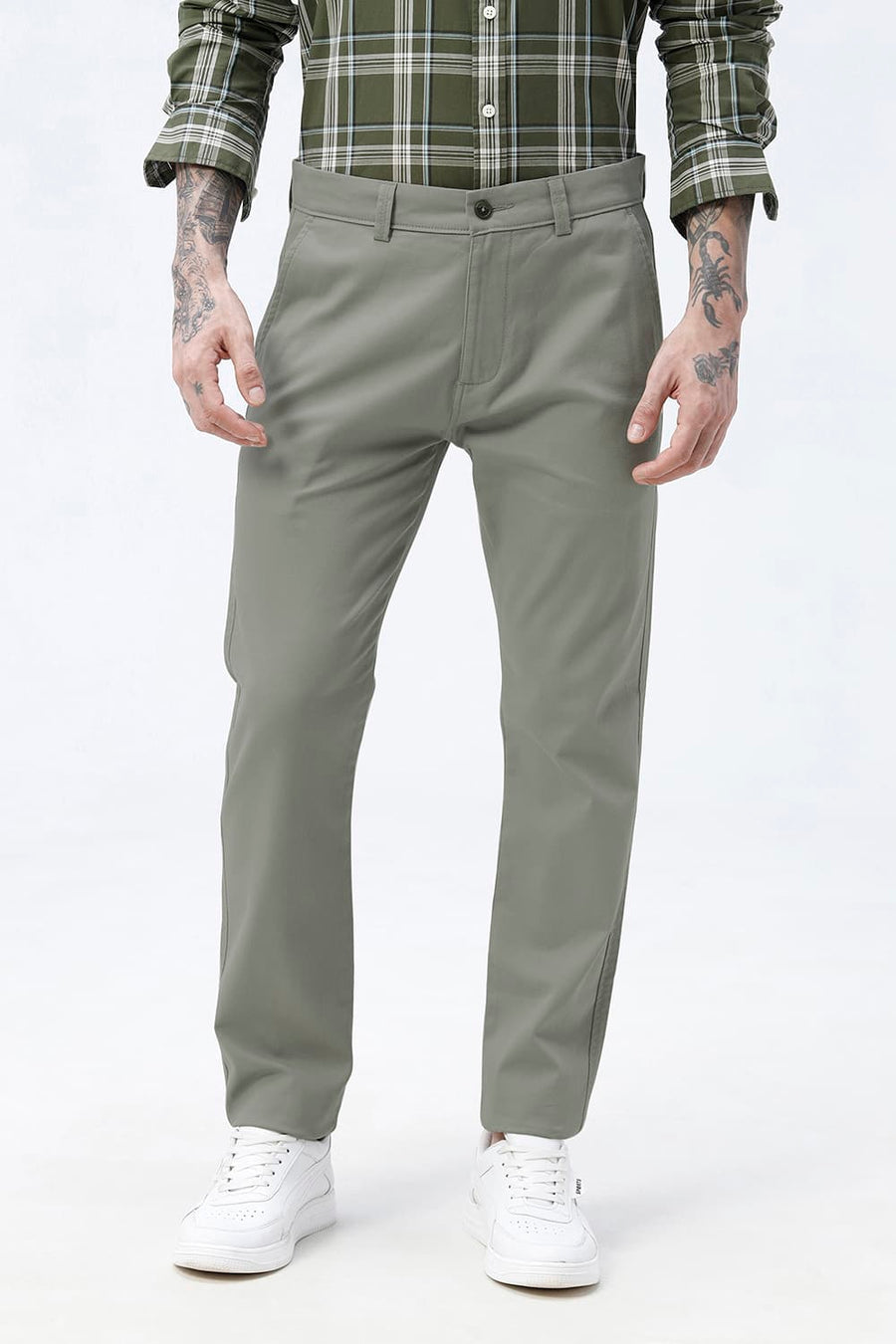 BASICS TAPERED FIT SEAGRASS GREEN COTTON STRETCH STRUCTURE TROUSER
