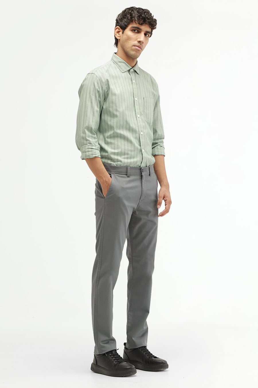 BASICS TAPERED FIT SEAGRASS GREEN COTTON STRETCH STRUCTURE TROUSER