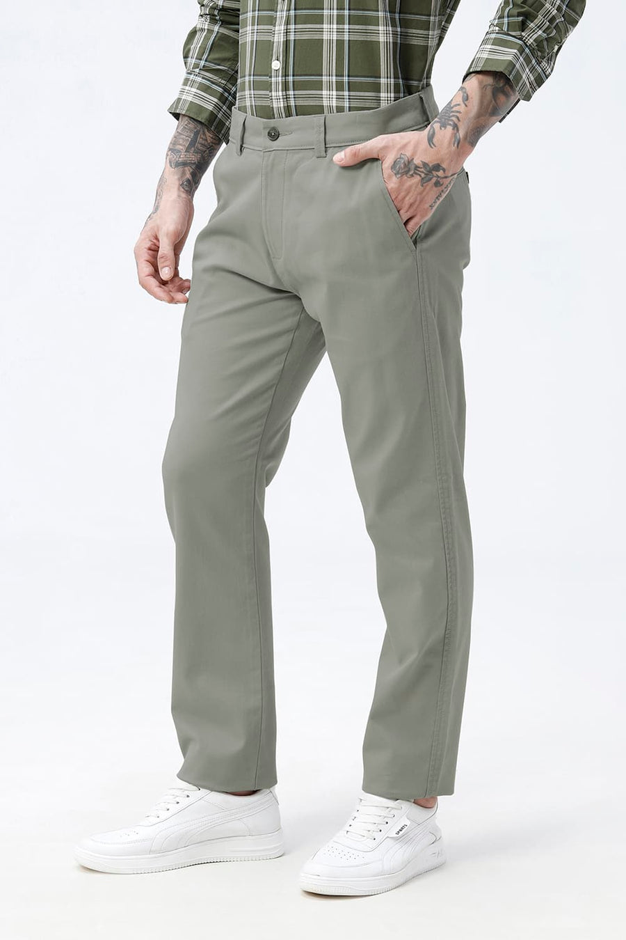 BASICS TAPERED FIT SEAGRASS GREEN COTTON STRETCH STRUCTURE TROUSER