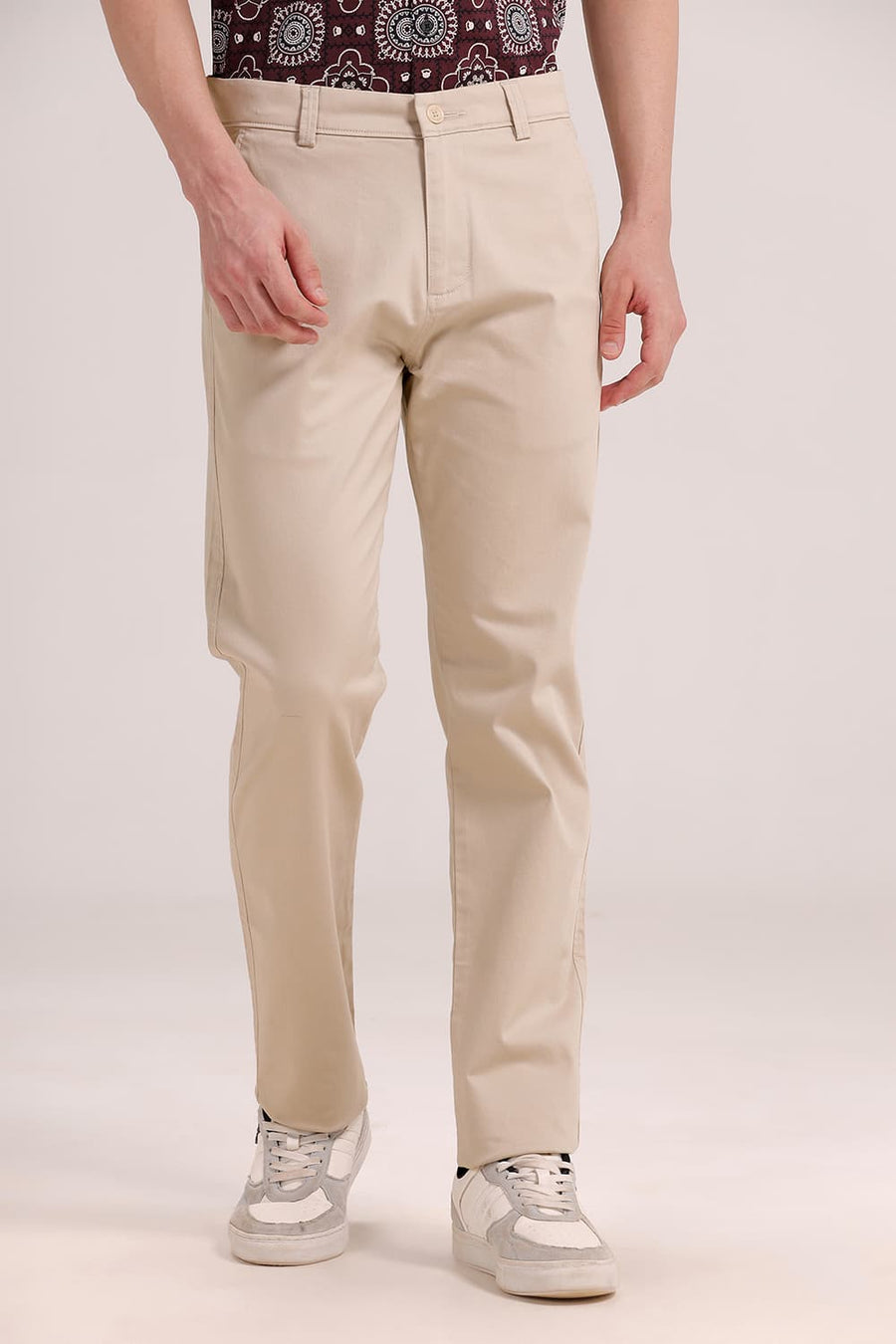 BASICS TAPERED FIT OYASTER BEIGE COTTON STRETCH TROUSER