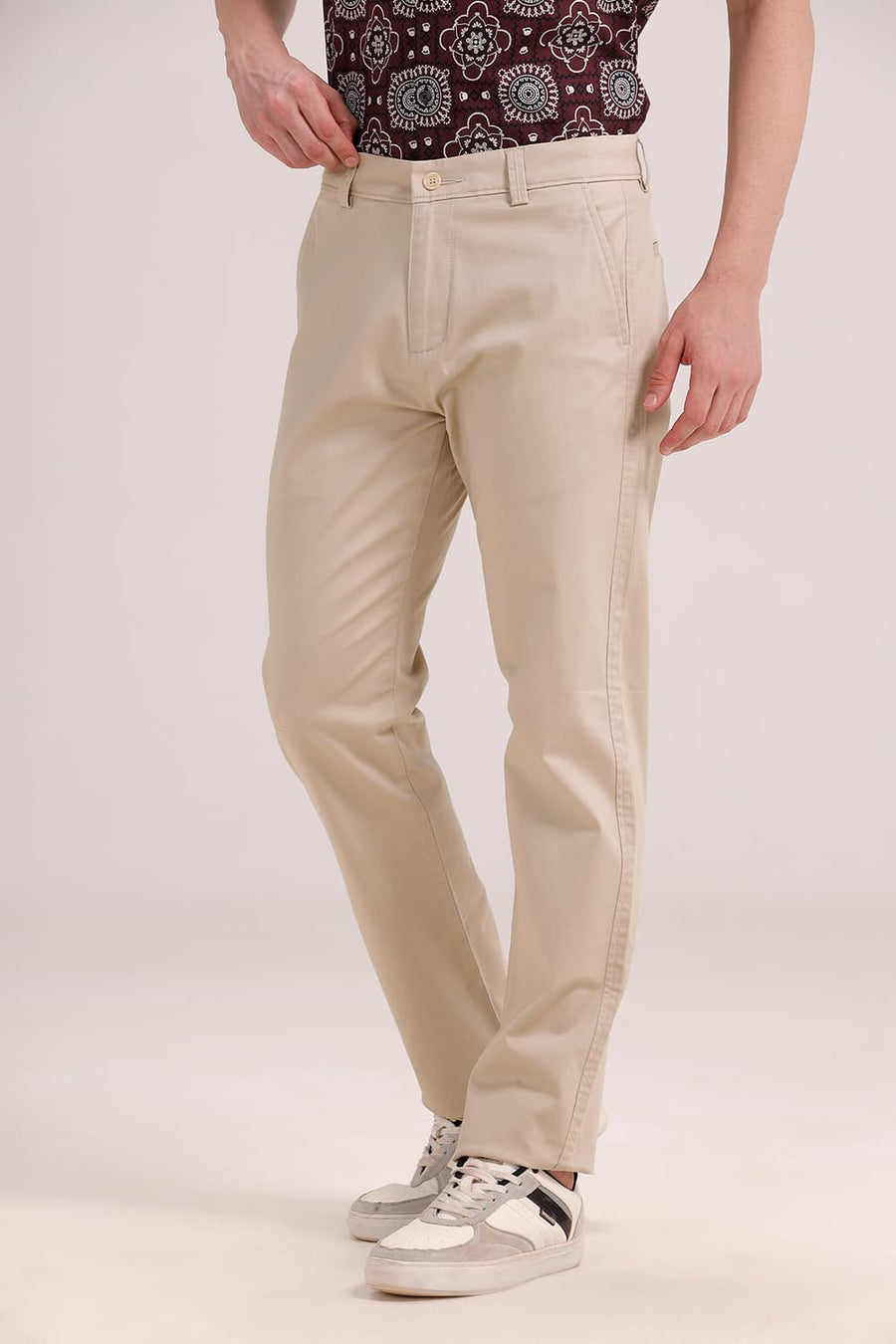 BASICS TAPERED FIT OYASTER BEIGE COTTON STRETCH TROUSER
