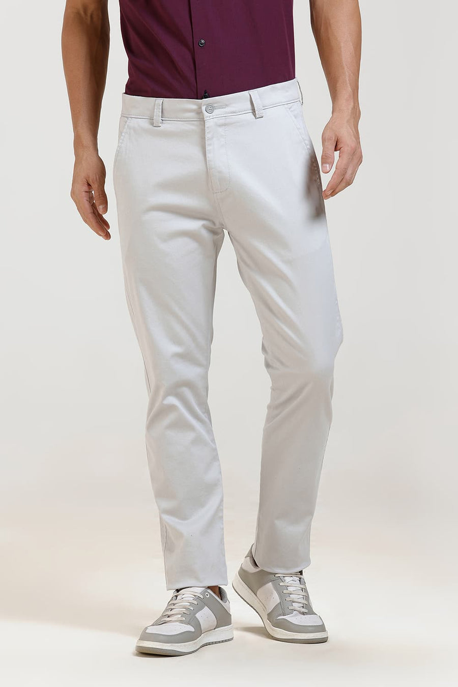 BASICS TAPERED FIT MONSOON MIST GREY COTTON STRETCH TROUSER