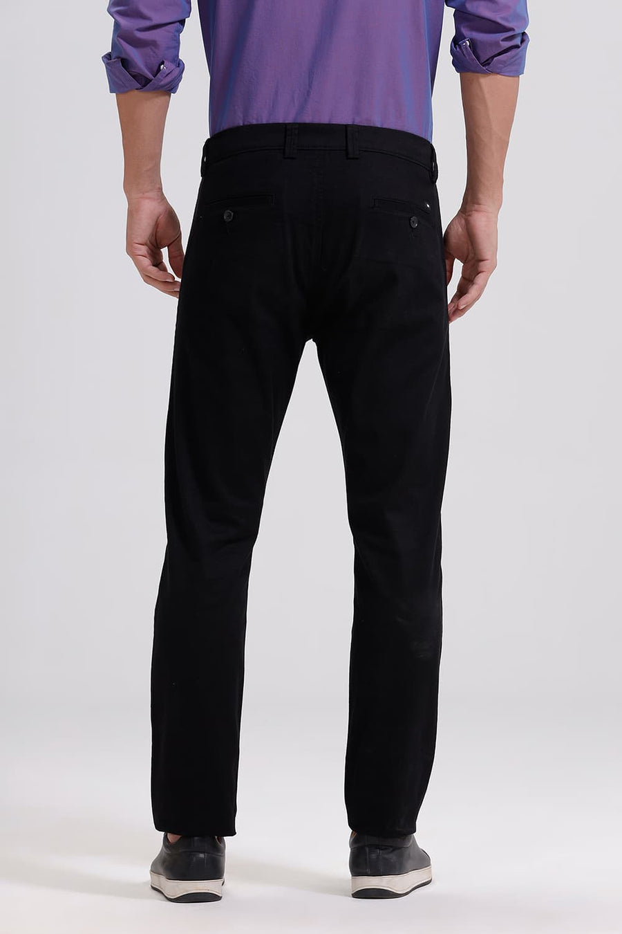 BASICS TAPERED FIT CAVIAR BLACK COTTON STRETCH TROUSER