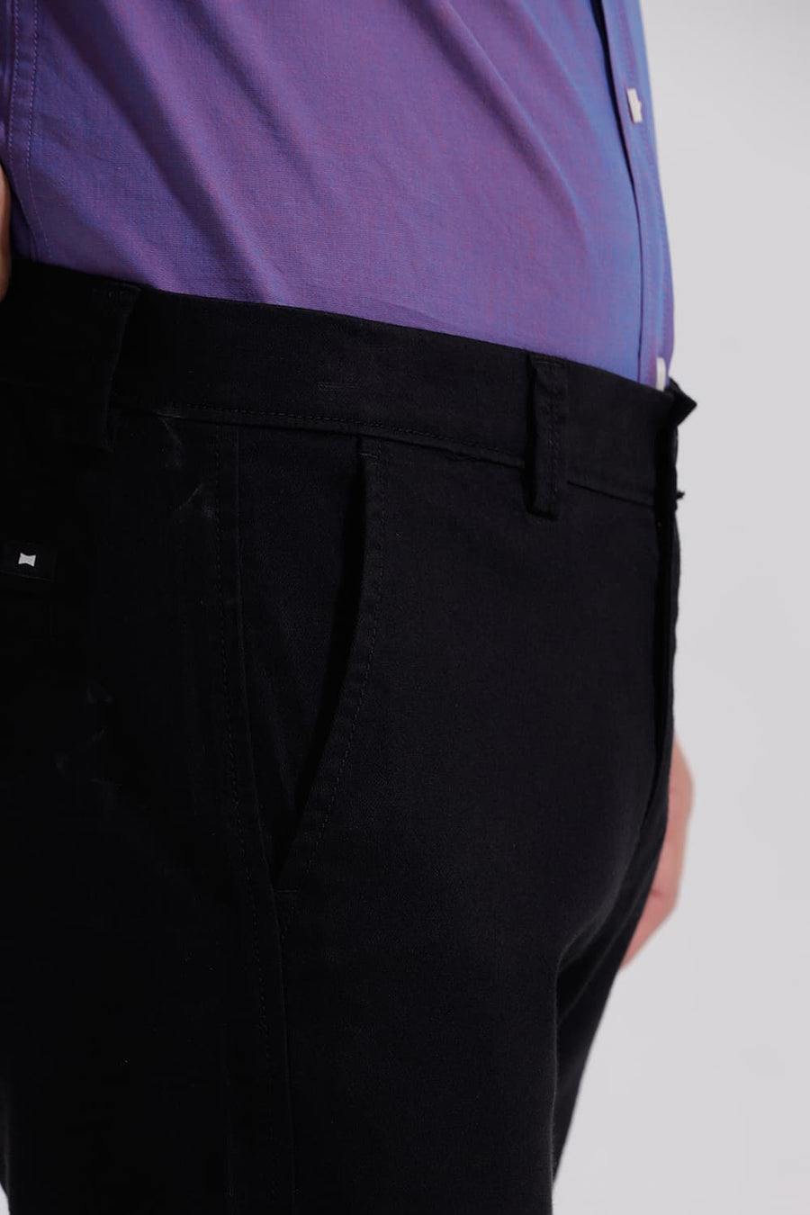 BASICS TAPERED FIT CAVIAR BLACK COTTON STRETCH TROUSER