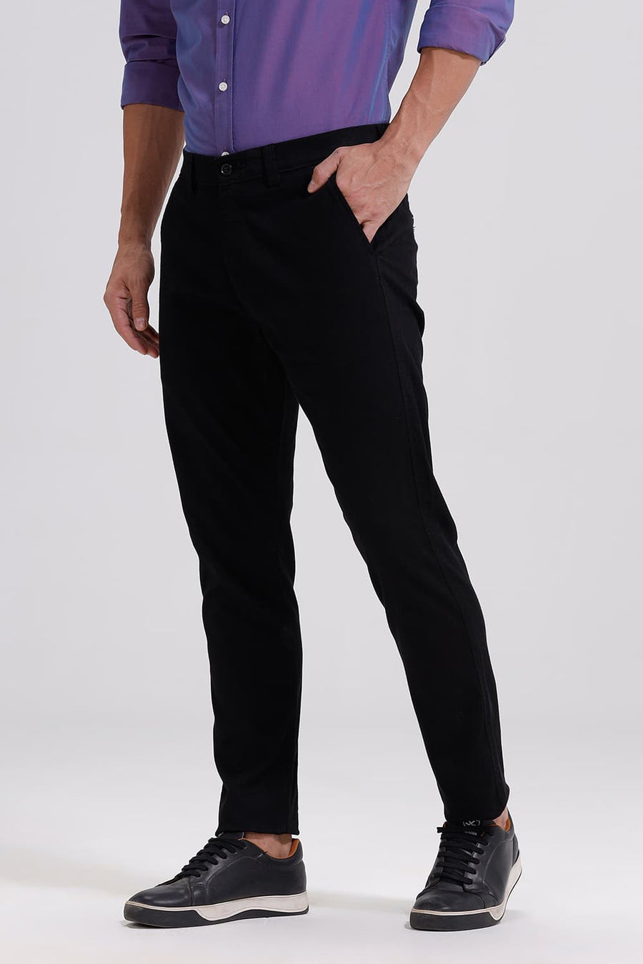 BASICS TAPERED FIT CAVIAR BLACK COTTON STRETCH TROUSER