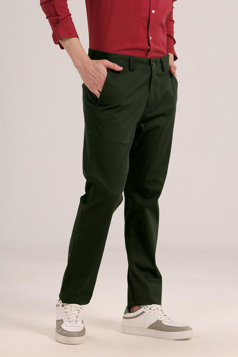 BASICS TAPERED FIT DEEP FOREST GREEN COTTON STRETCH TROUSER
