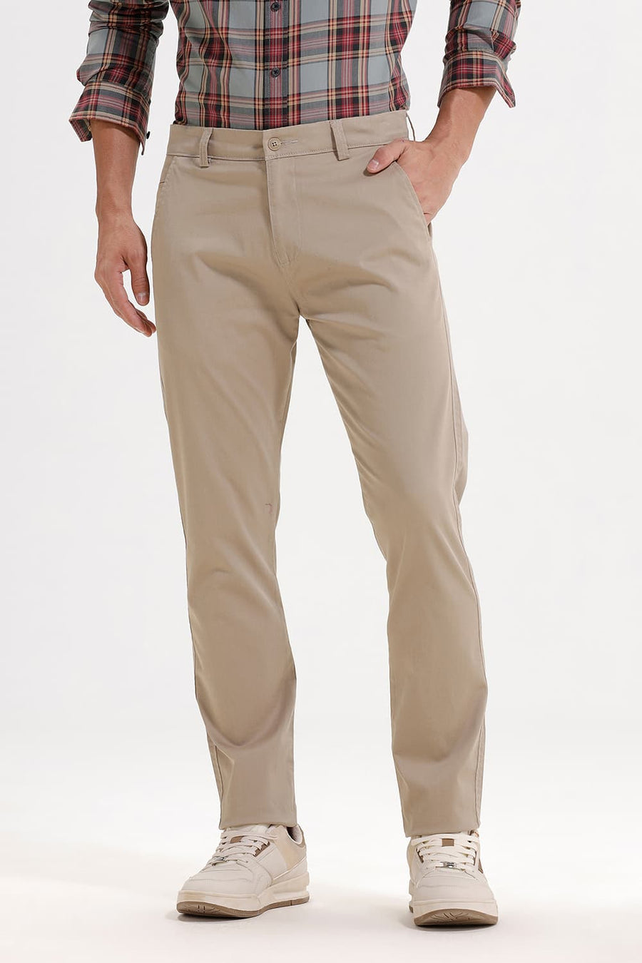 BASICS TAPERED FIT DUNE KHAKI COTTON STRETCH TROUSER