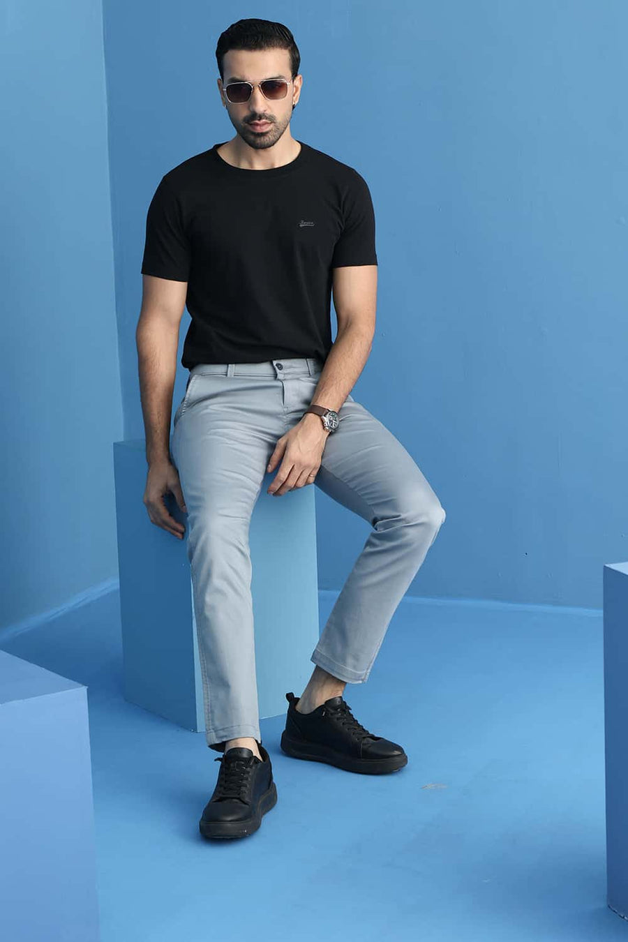 BASICS TAPERED FIT MONUMENT BLUE COTTON STRETCH STRUCTURE TROUSER