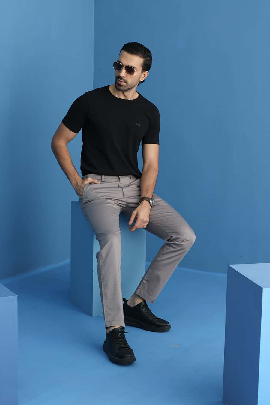 BASICS TAPERED FIT FALLEN ROCK GREY COTTON STRETCH STRUCTURE TROUSER