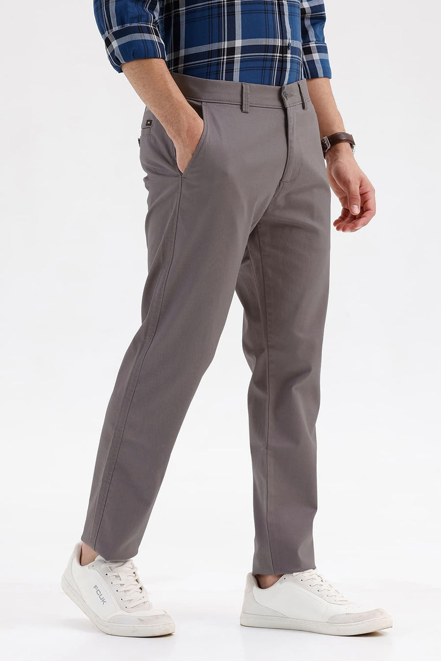BASICS TAPERED FIT FALLEN ROCK GREY COTTON STRETCH STRUCTURE TROUSER